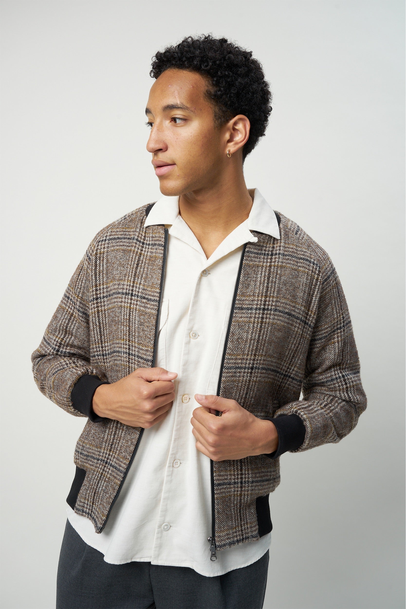 Bomber Jacket in a Soft Brown Chequered Italian Wool