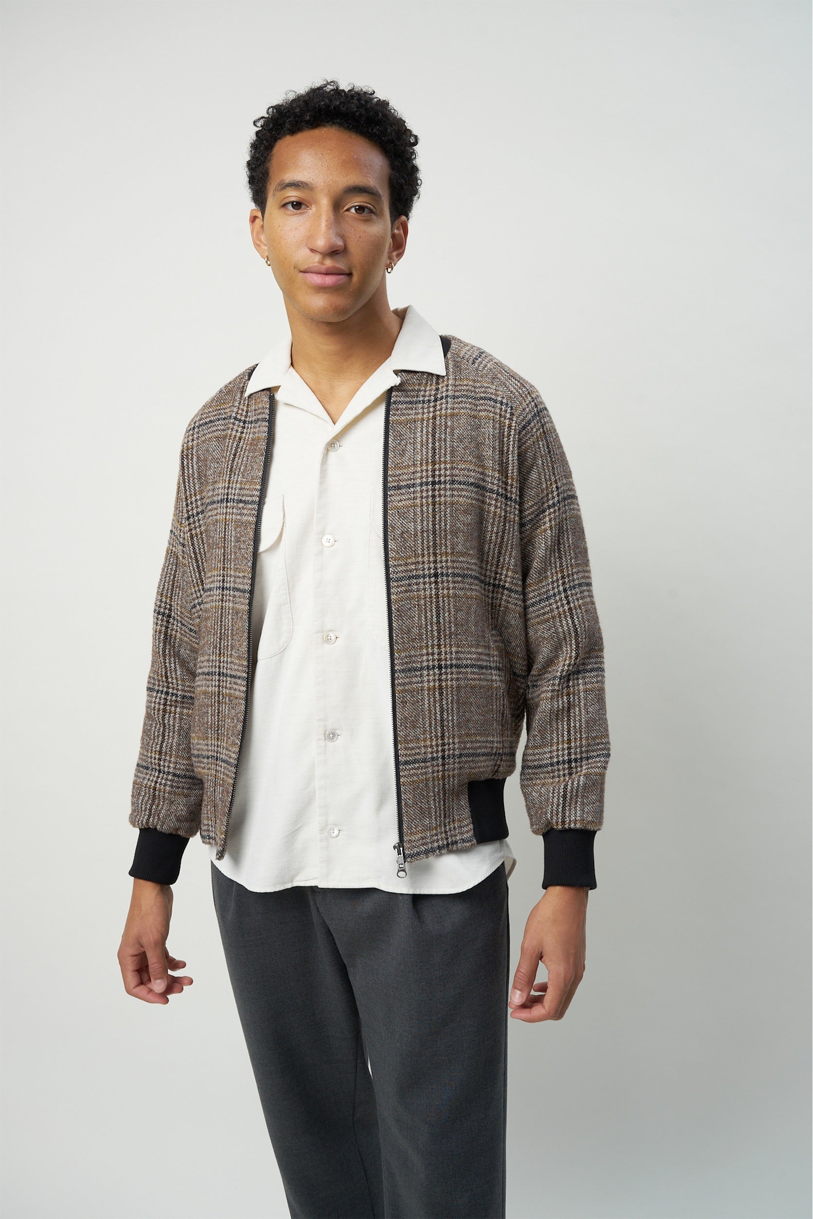 Bomber Jacket in a Soft Brown Chequered Italian Wool