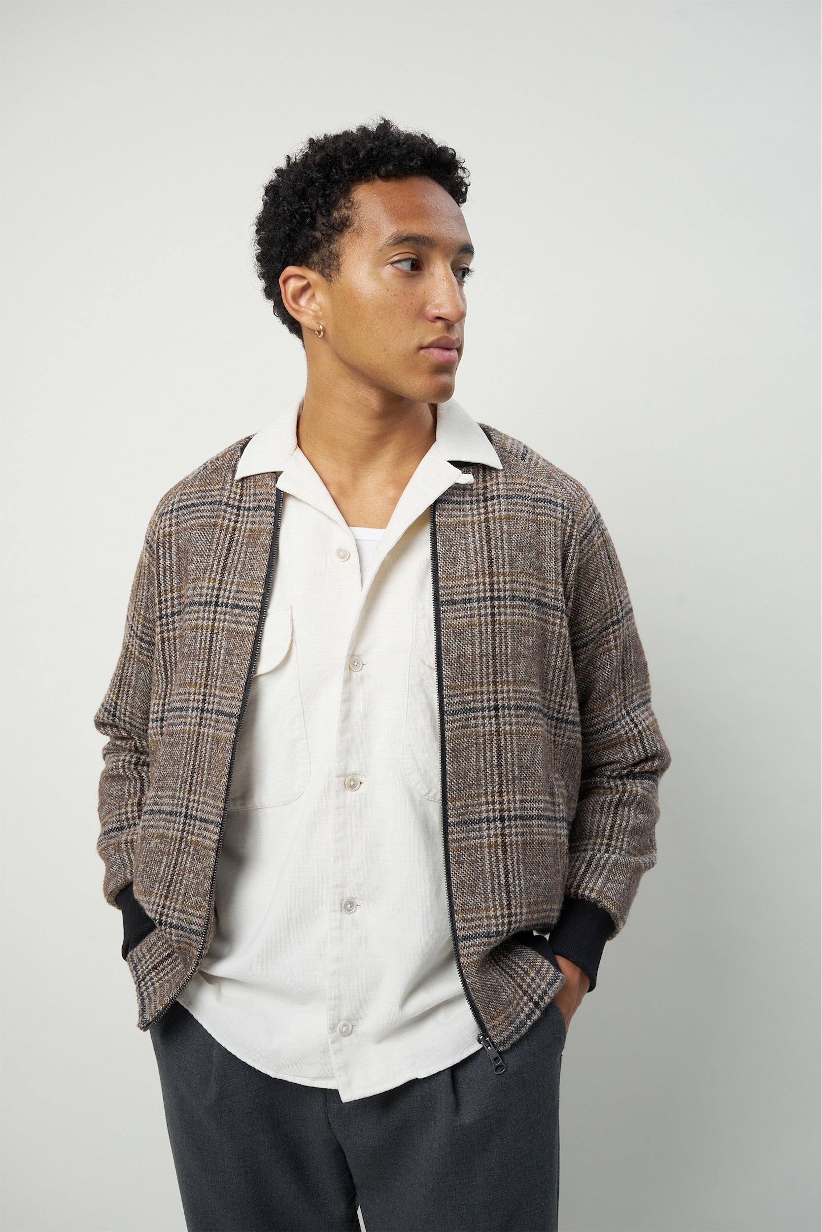 Bomber Jacket in a Soft Brown Chequered Italian Wool