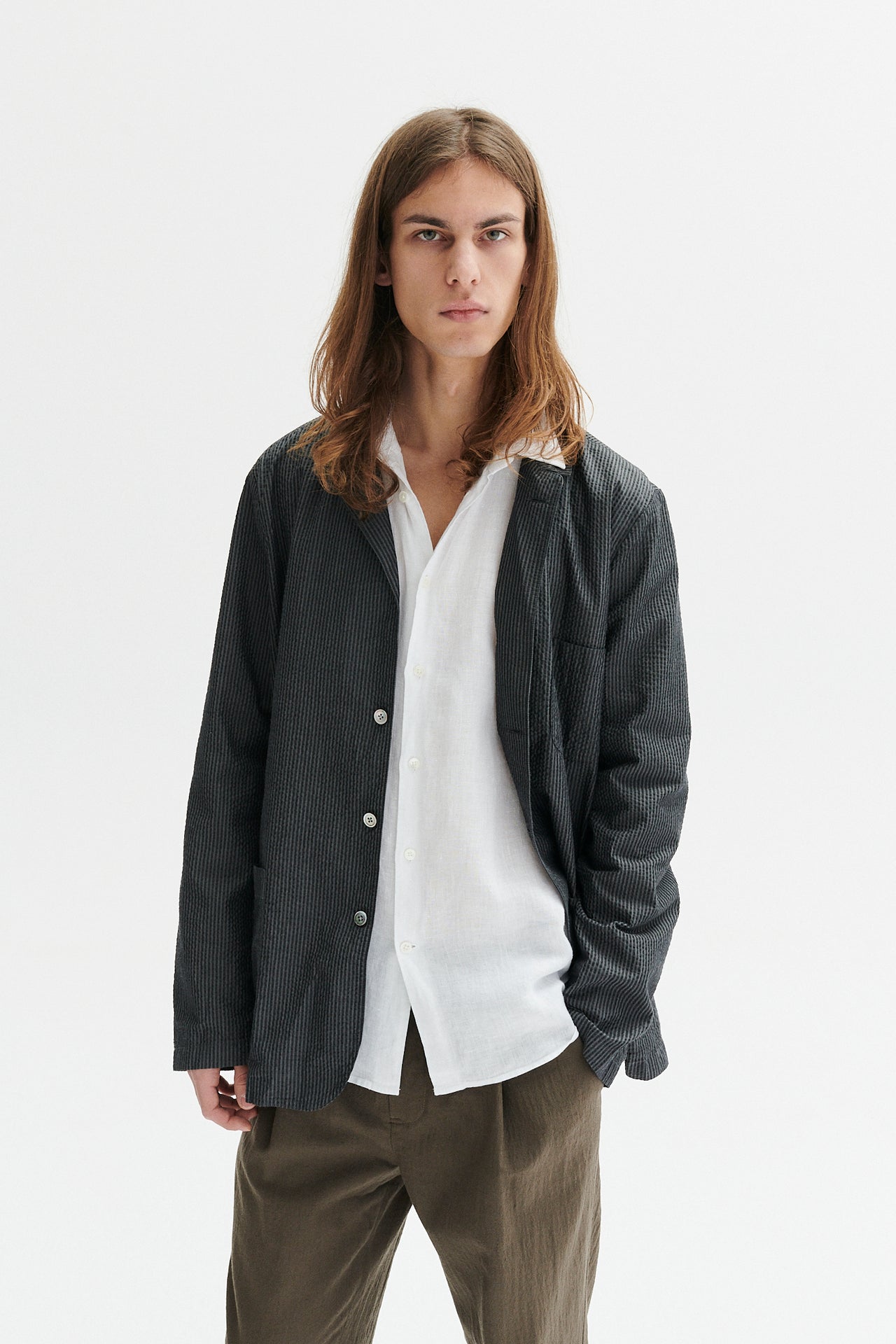 Sporting Jacket and Overshirt in a Subtle Grey Striped Portuguese Cotton Seersucker