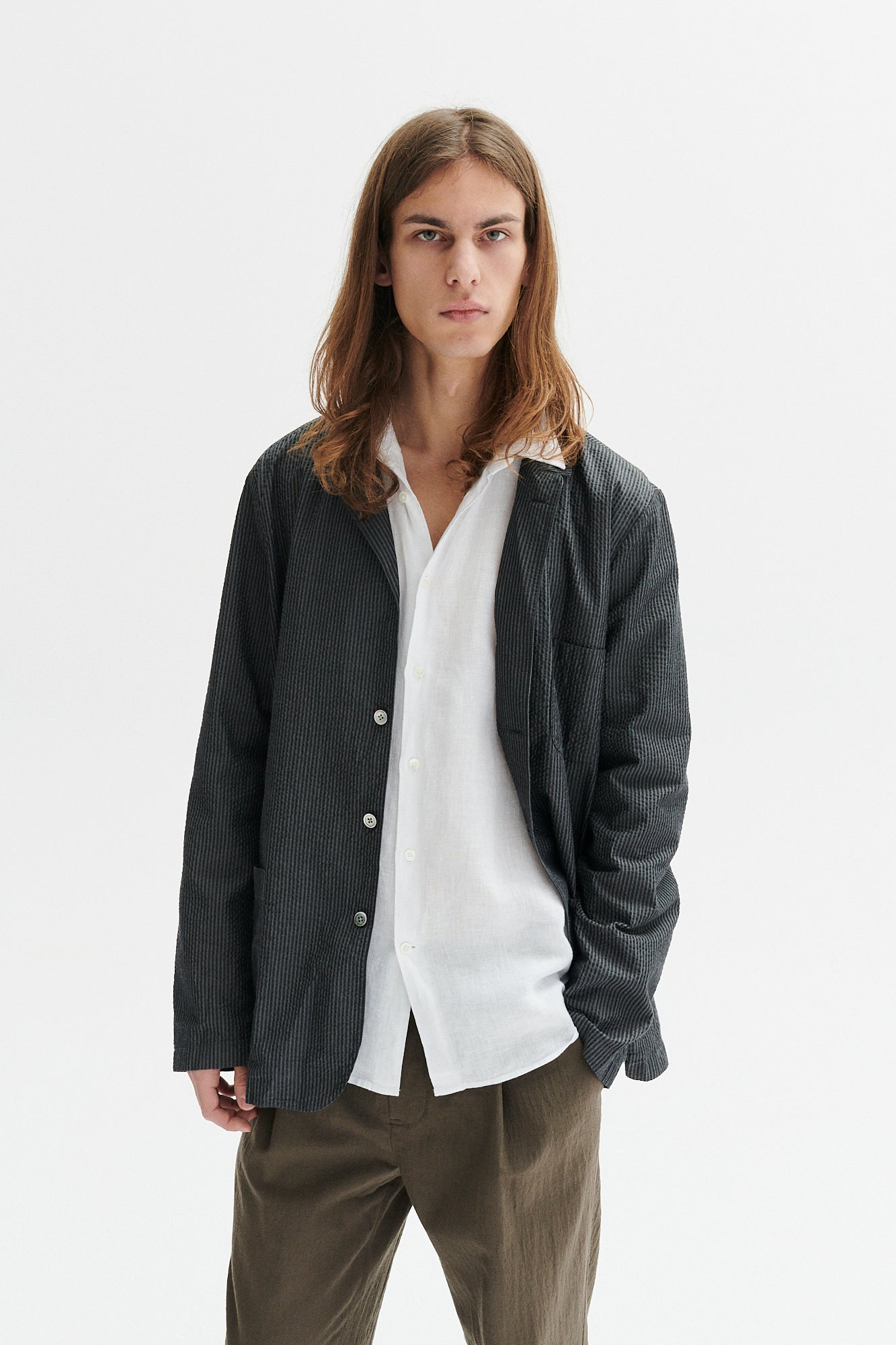Sporting Jacket and Overshirt in a Tonal Grey Striped Portuguese Cotton Seersucker
