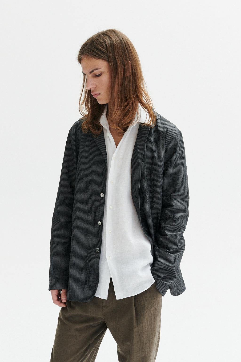 Sporting Jacket and Overshirt in a Tonal Grey Striped Portuguese Cotton Seersucker
