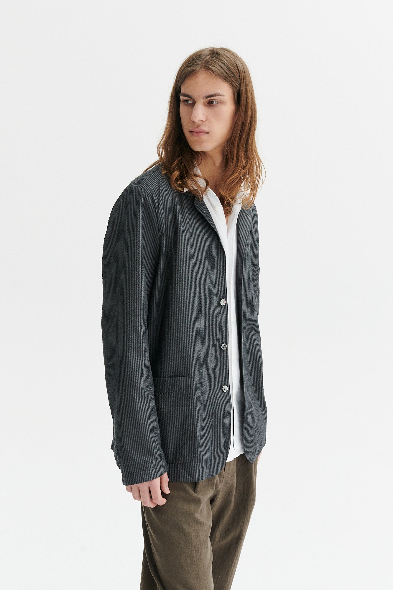 Sporting Jacket and Overshirt in a Tonal Grey Striped Portuguese Cotton Seersucker