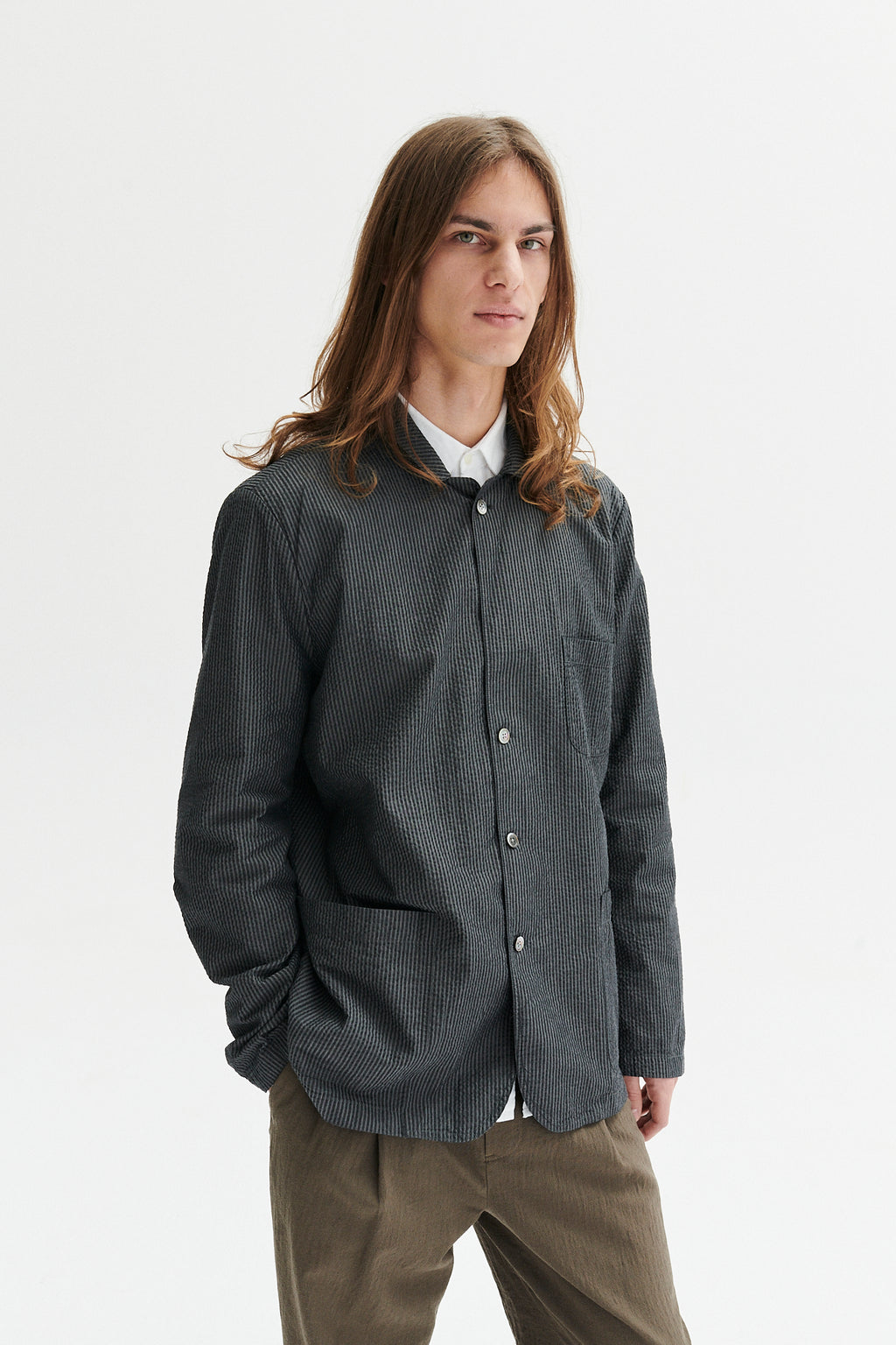 Sporting Jacket and Overshirt in a Tonal Grey Striped Portuguese Cotton Seersucker