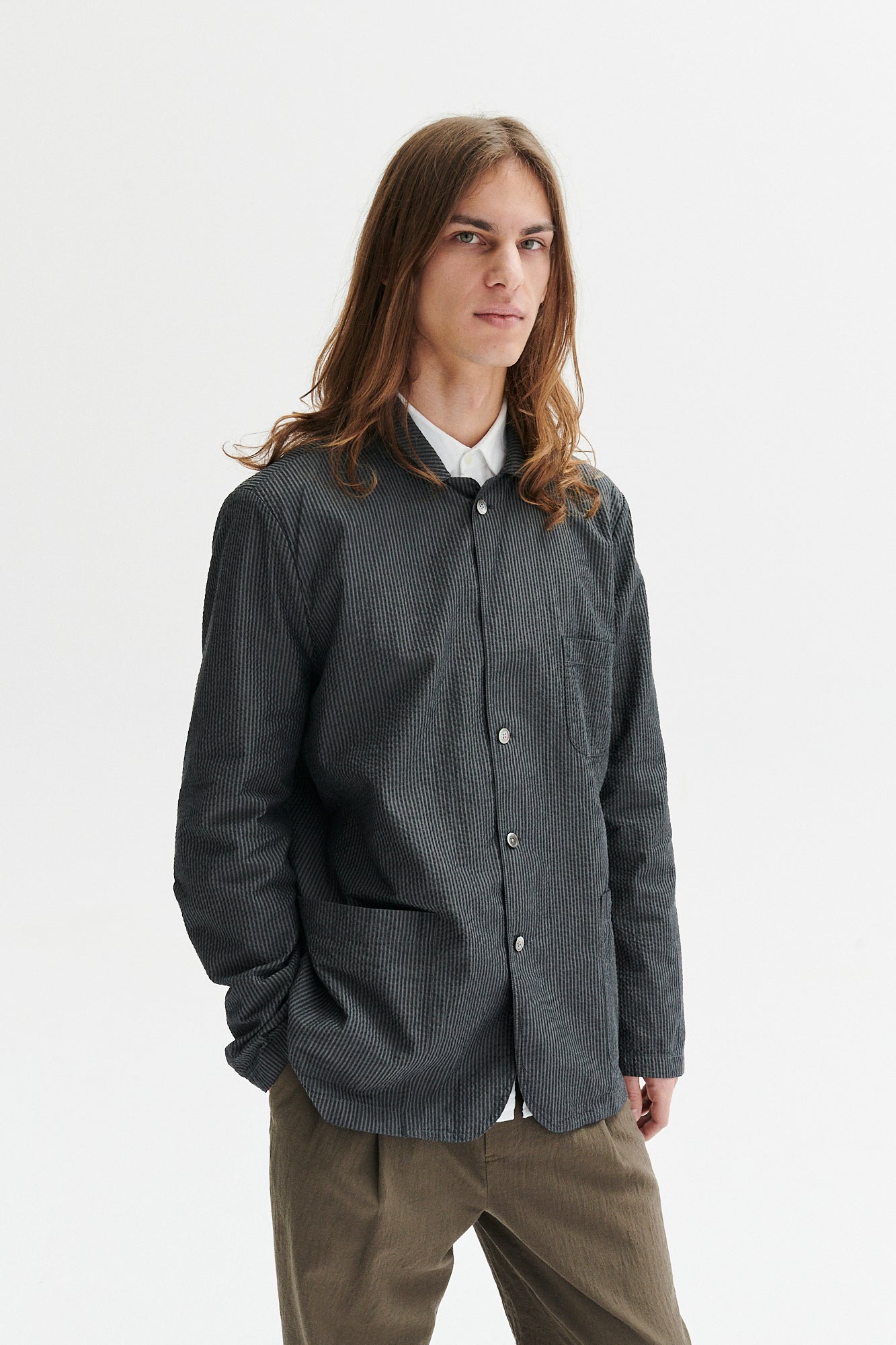 Sporting Jacket and Overshirt in a Tonal Grey Striped Portuguese Cotton Seersucker