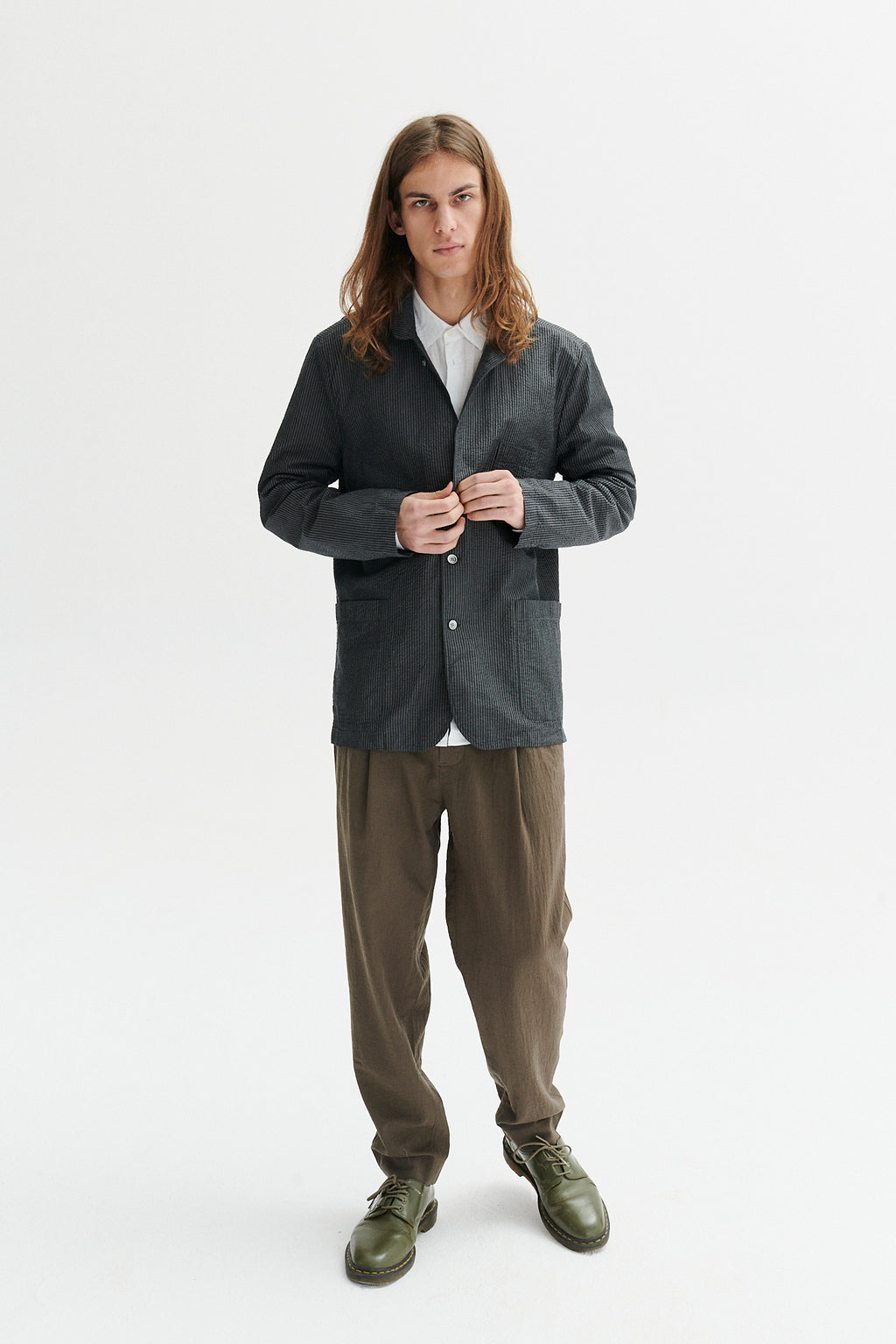 Sporting Jacket and Overshirt in a Tonal Grey Striped Portuguese Cotton Seersucker