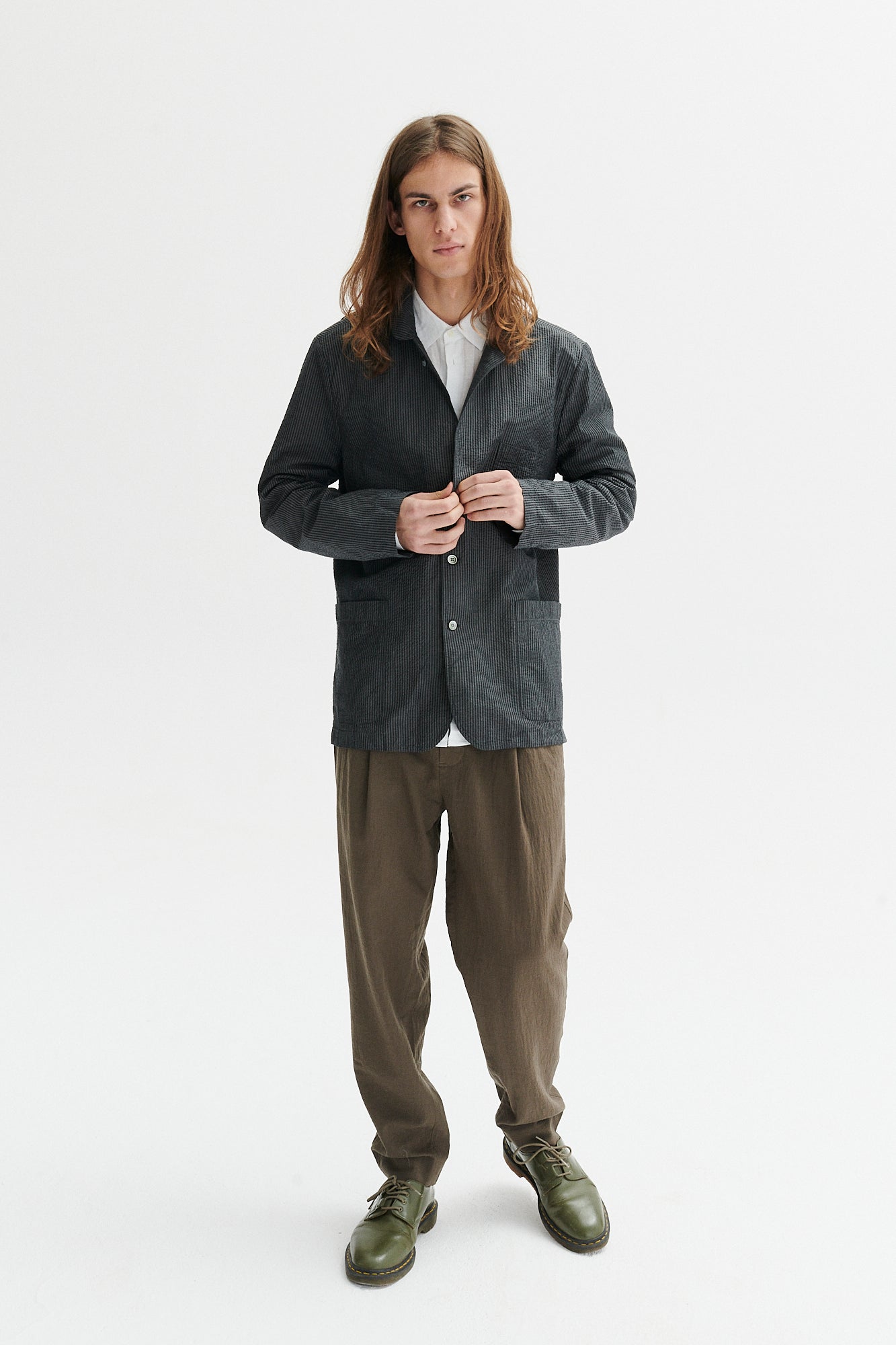 Sporting Jacket and Overshirt in a Tonal Grey Striped Portuguese Cotton Seersucker