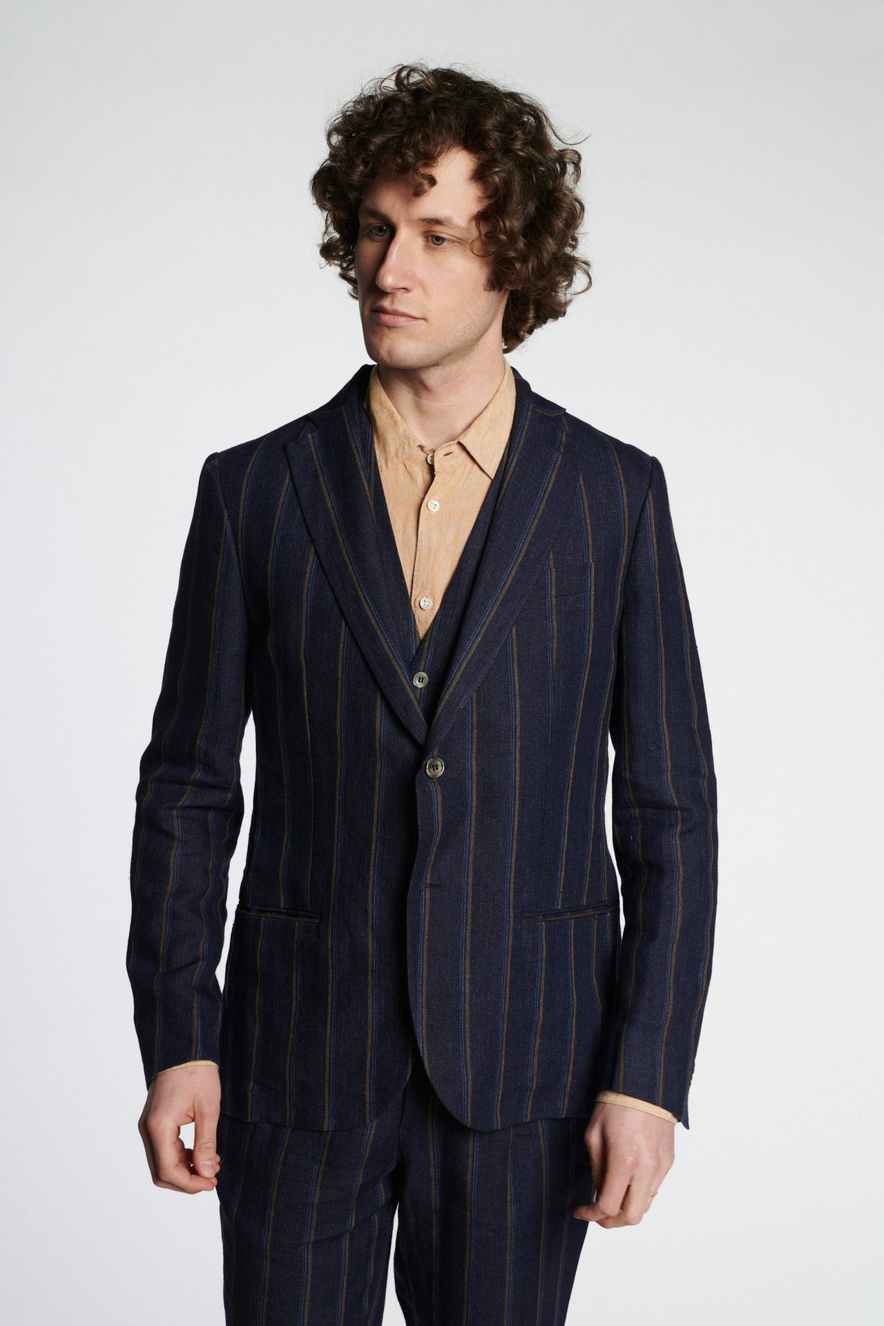 Blazer in a Navy Italian Linen with Tonal Brown Blue Stripe