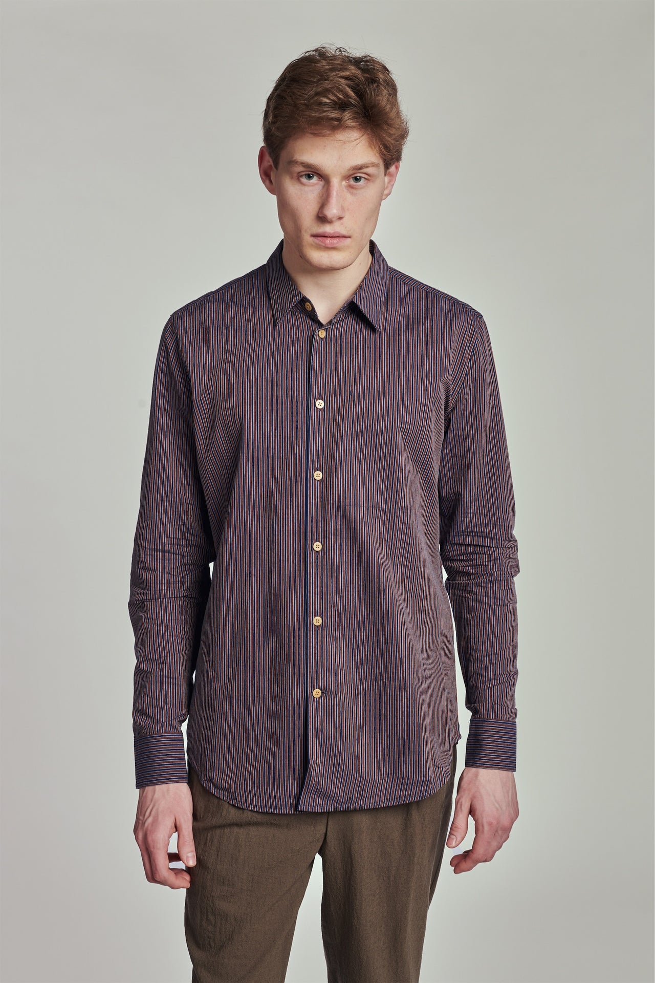 Feel Good Shirt in a Blue and Brown Striped Finest Italian Cotton