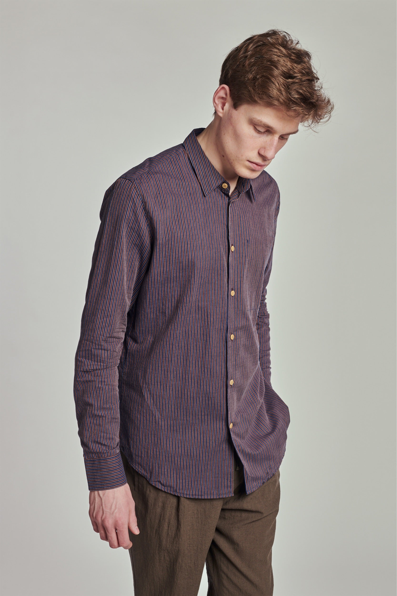 Feel Good Shirt in a Blue and Brown Striped Finest Italian Cotton