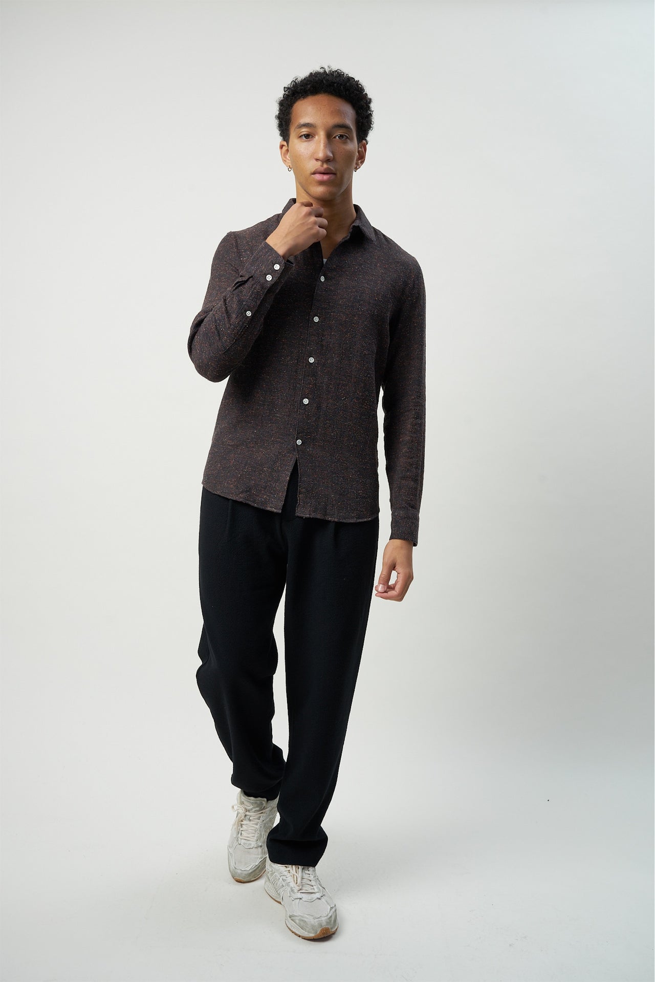 Feel Good Shirt in a Rich Multicolour Orange and Deep Brown Blend of Italian Cotton, Silk and Wool