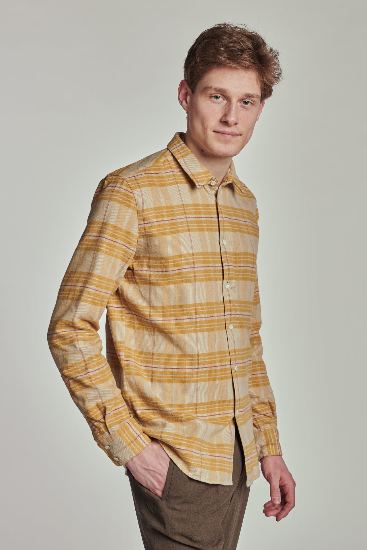 Feel Good Shirt in a Yellow Subtle Chequered Japanese Soft Corduroy Cotton