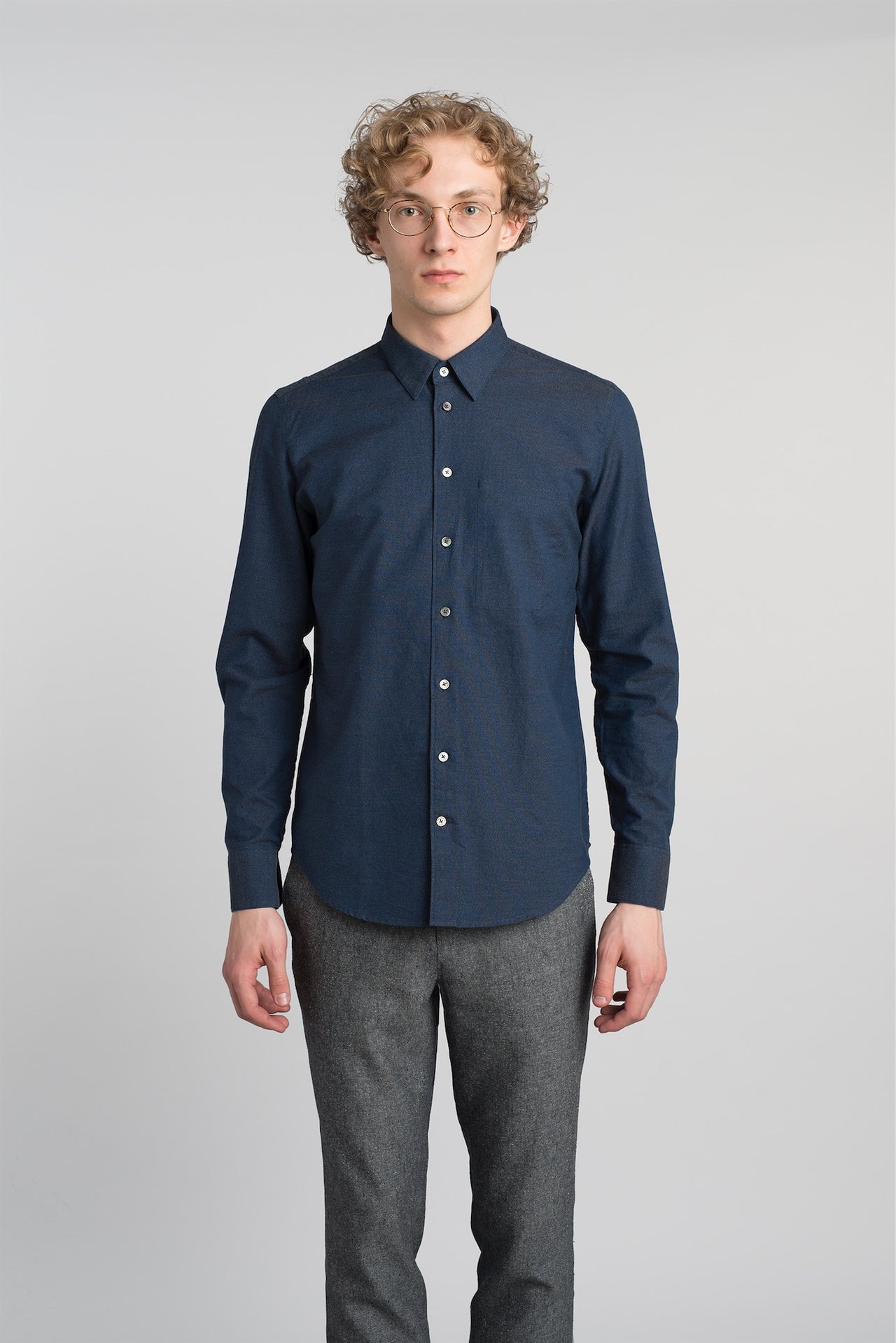 Feel Good Shirt in a Fine Deep Sea Blue and Black Thomas Mason Italian Cotton Oxford