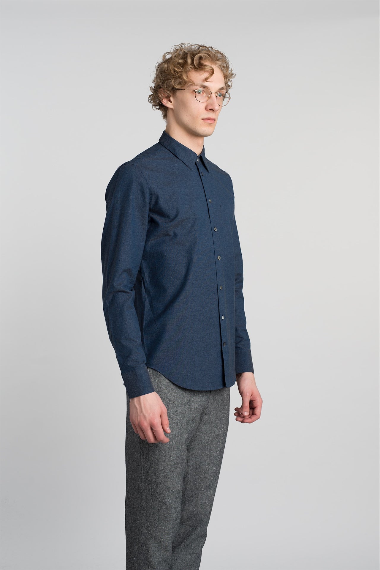 Feel Good Shirt in a Fine Deep Sea Blue and Black Thomas Mason Italian Cotton Oxford