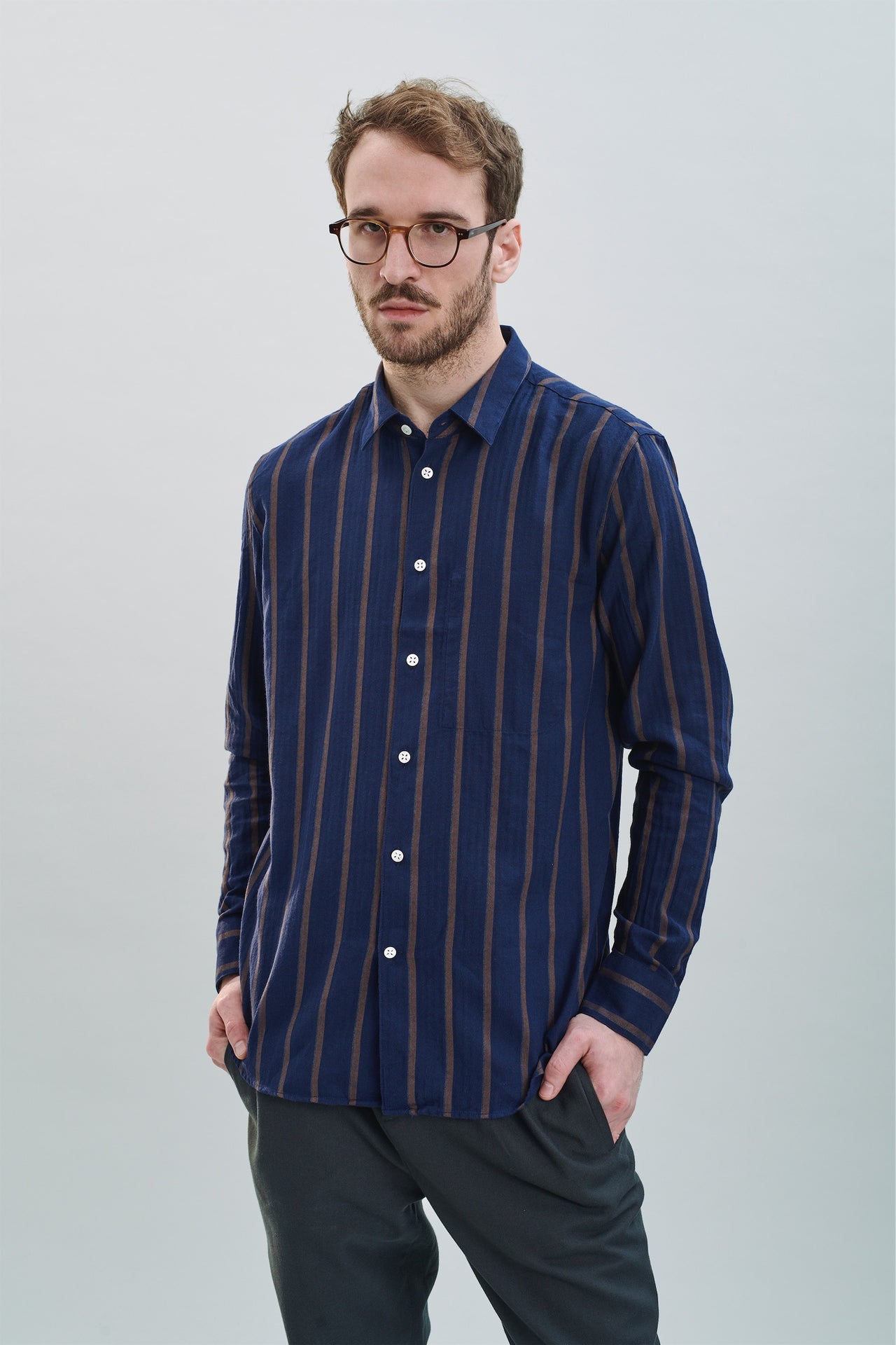 Feel Good Shirt in a Fine Navy Blue Japanese Herringbone Cotton Flannel