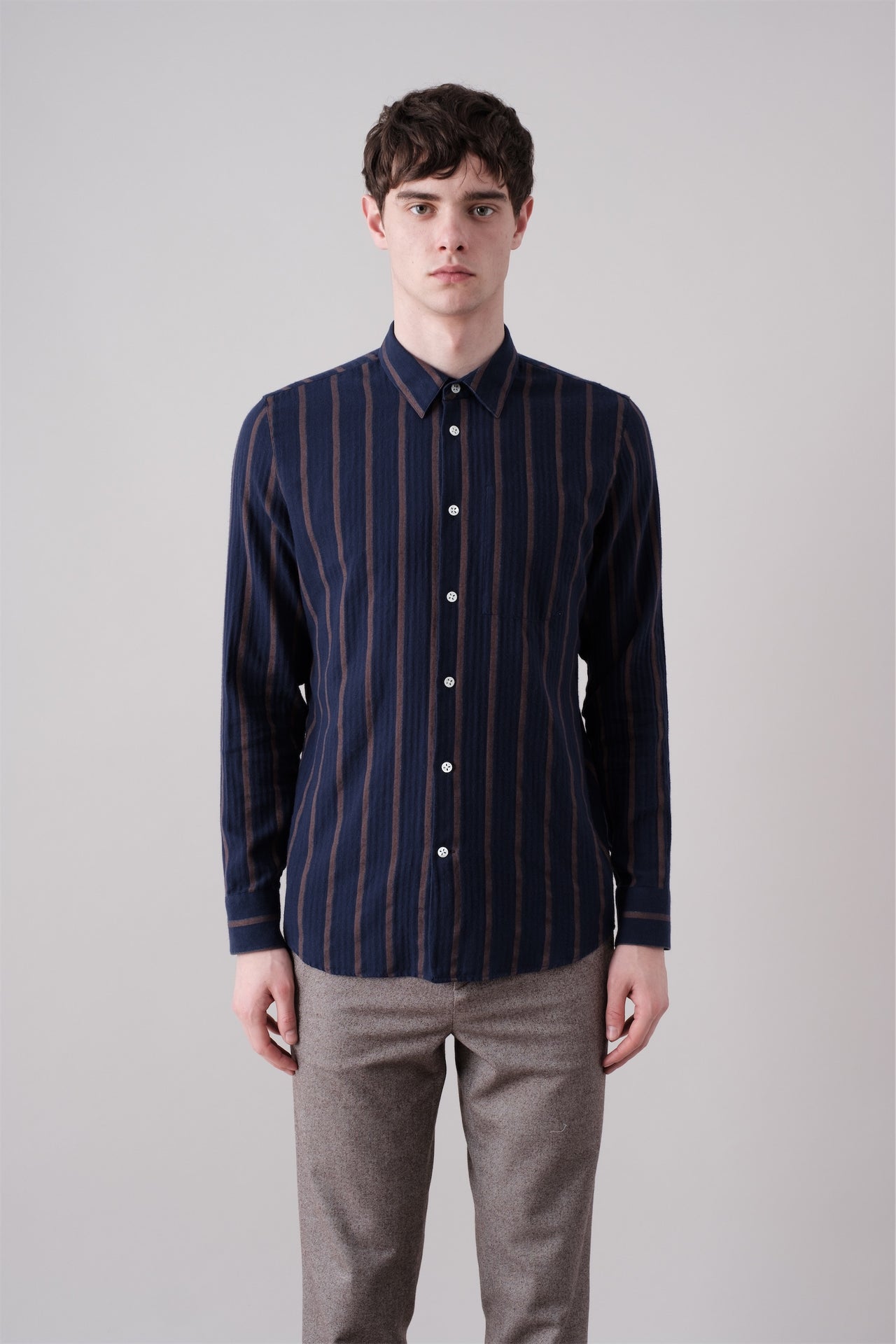 Feel Good Shirt in a Fine Navy Blue Japanese Herringbone Cotton Flannel