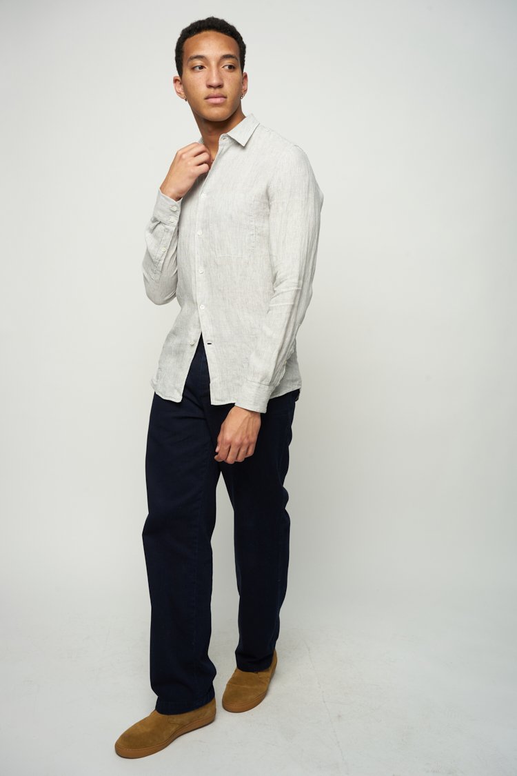 Feel Good Shirt in an Off-White and Pencil Grey Striped Italian Linen