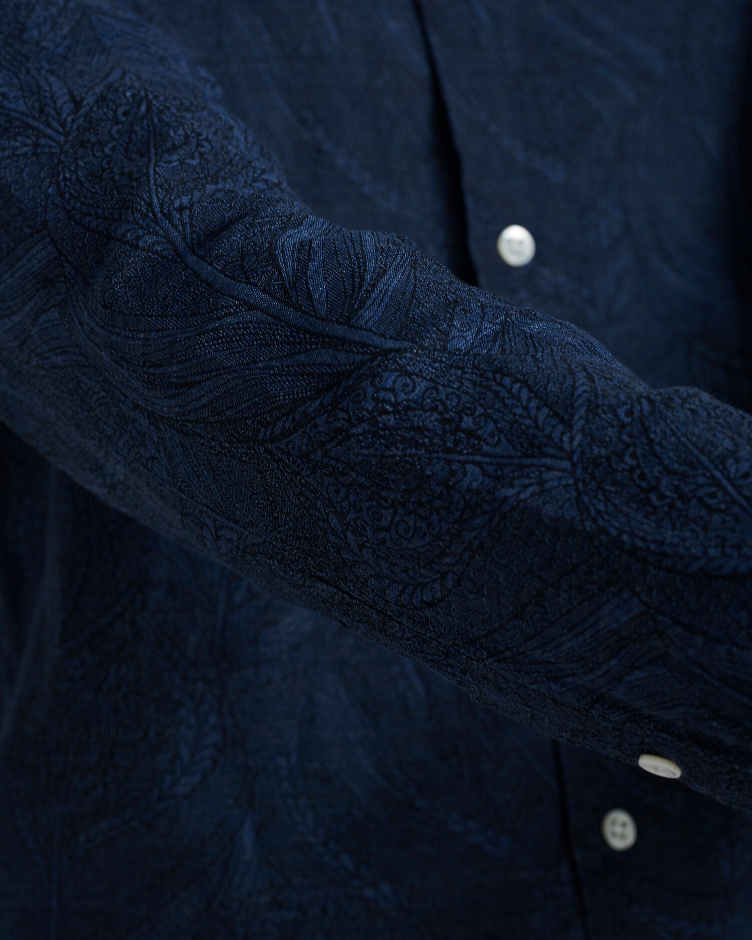 Feel Good Shirt in a Navy Blue Subtle Flower Jacquard Woven Italian Cotton and Linen