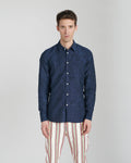 Feel Good Shirt in a Navy Blue Subtle Flower Jacquard Woven Italian Cotton and Linen