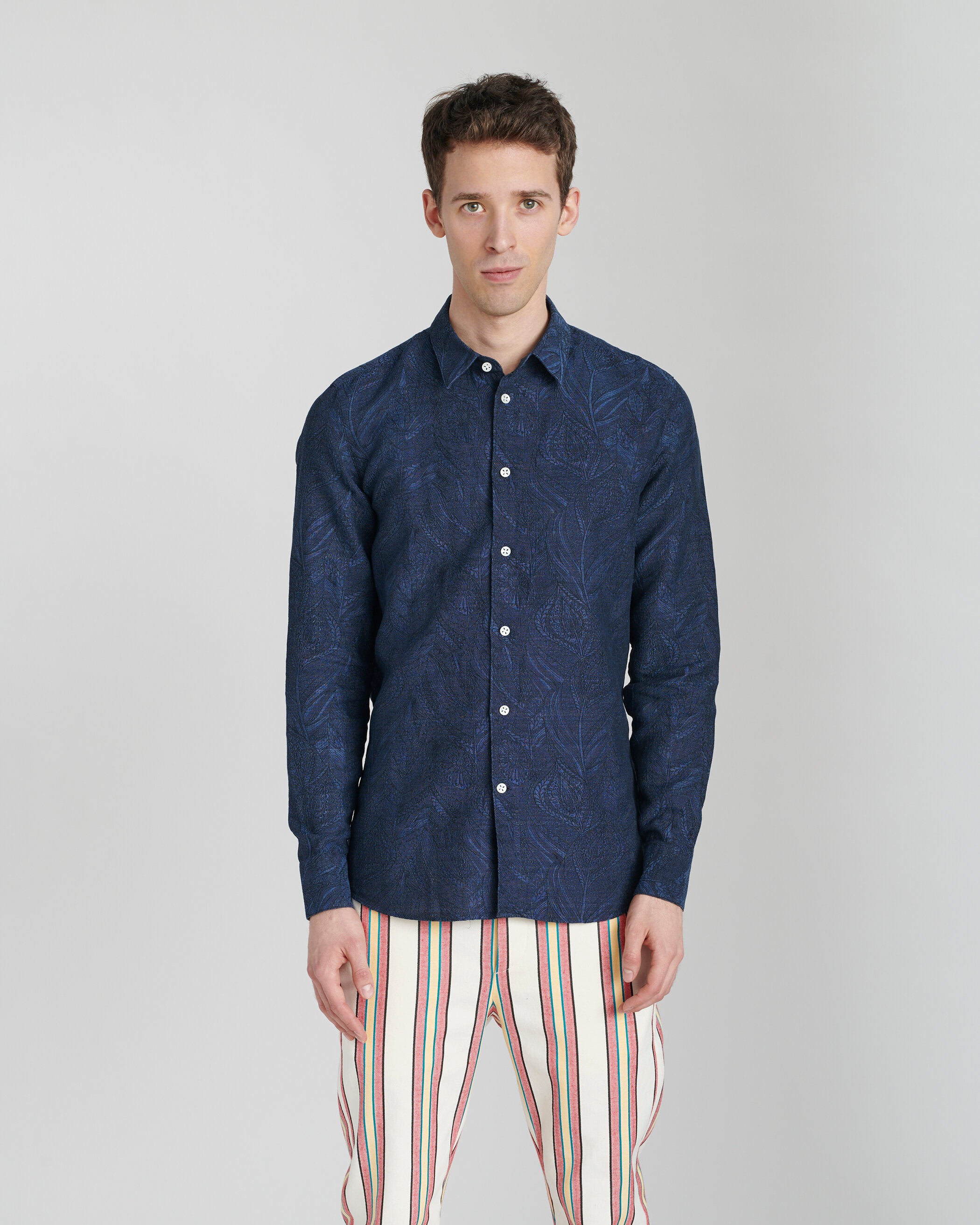 Feel Good Shirt in a Navy Blue Subtle Flower Jacquard Woven Italian Cotton and Linen