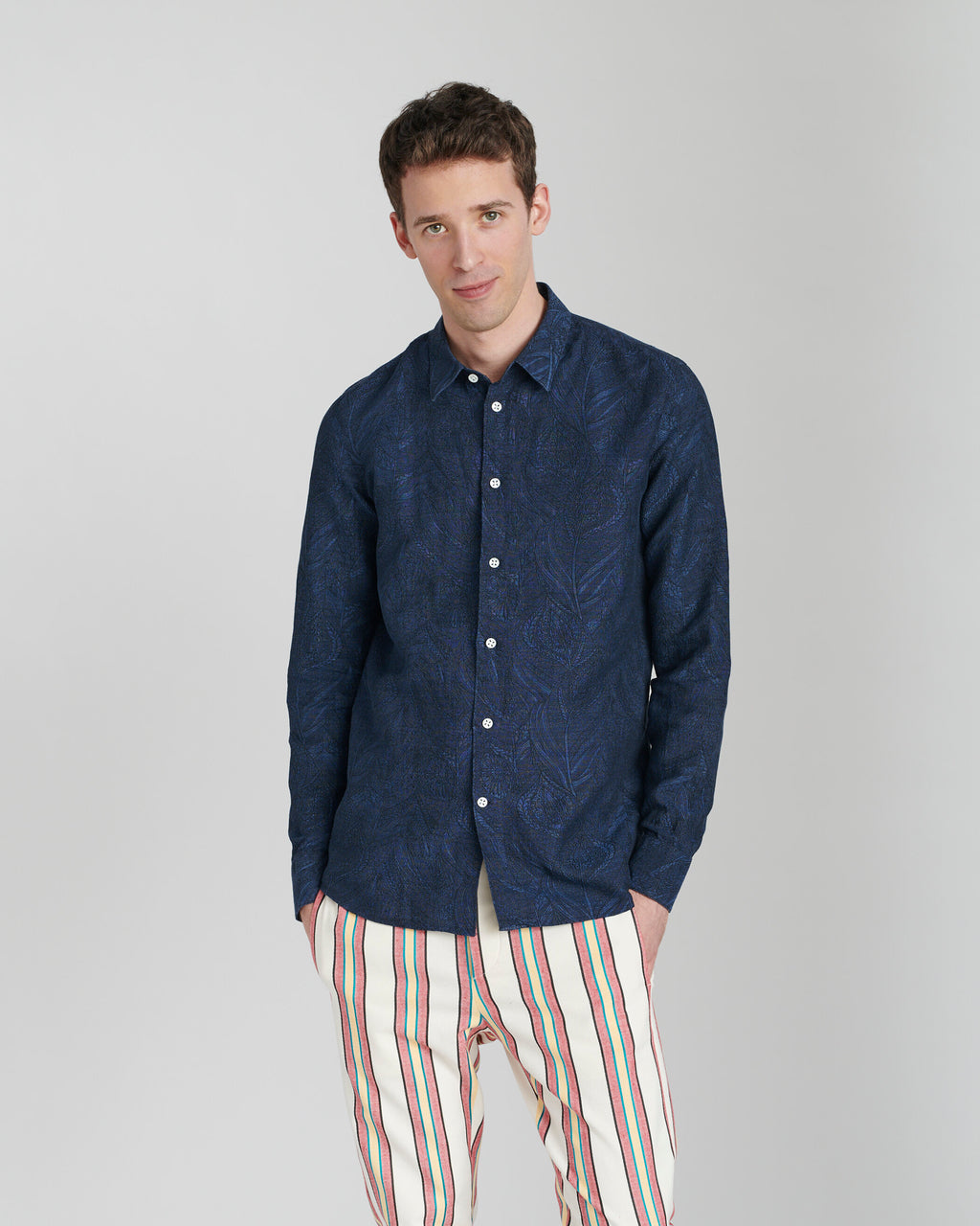 Feel Good Shirt in a Navy Blue Subtle Flower Jacquard Woven Italian Cotton and Linen
