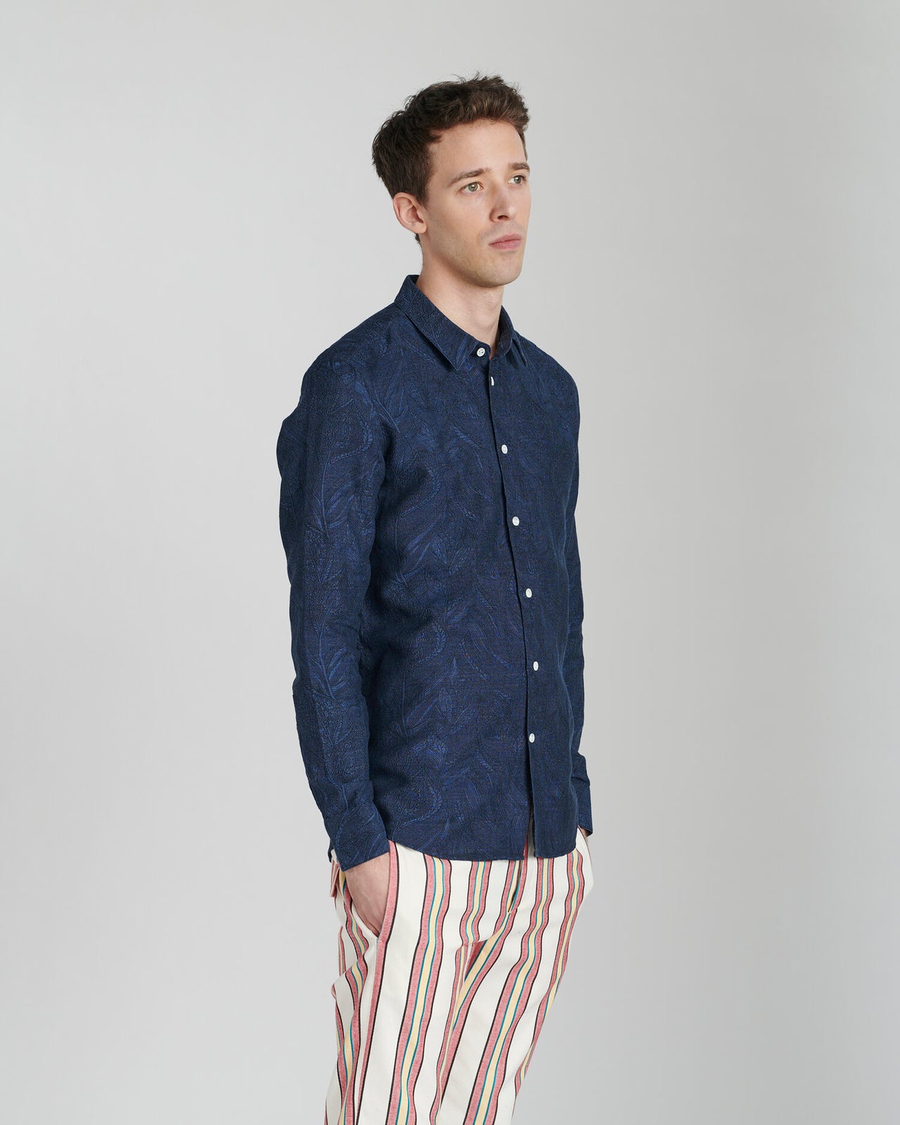 Feel Good Shirt in a Navy Blue Subtle Flower Jacquard Woven Italian Cotton and Linen