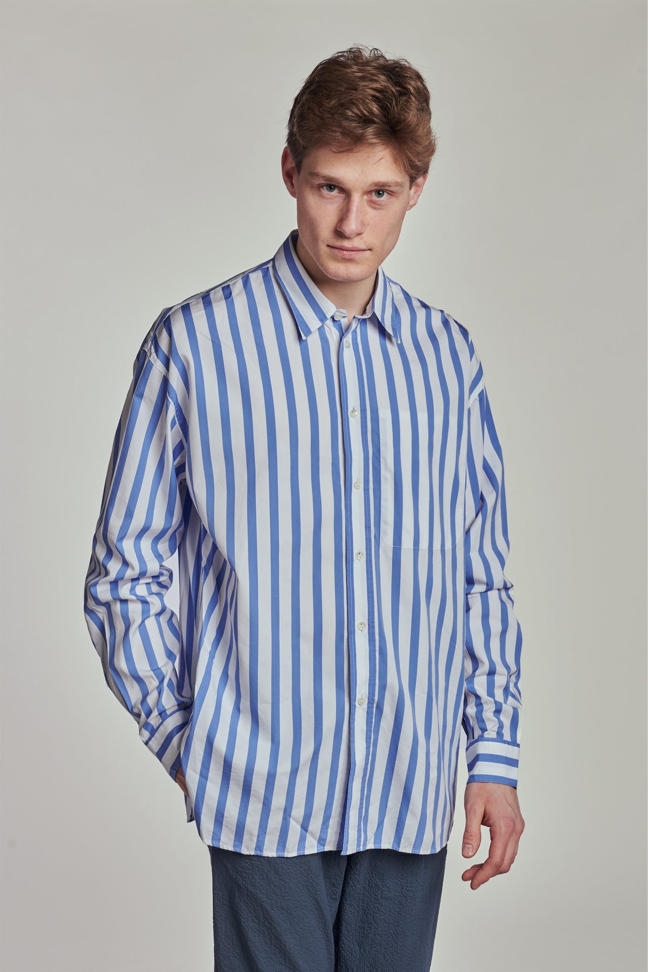 Oversized Rider Shirt in a Blue Striped Italian Cotton and Cupro