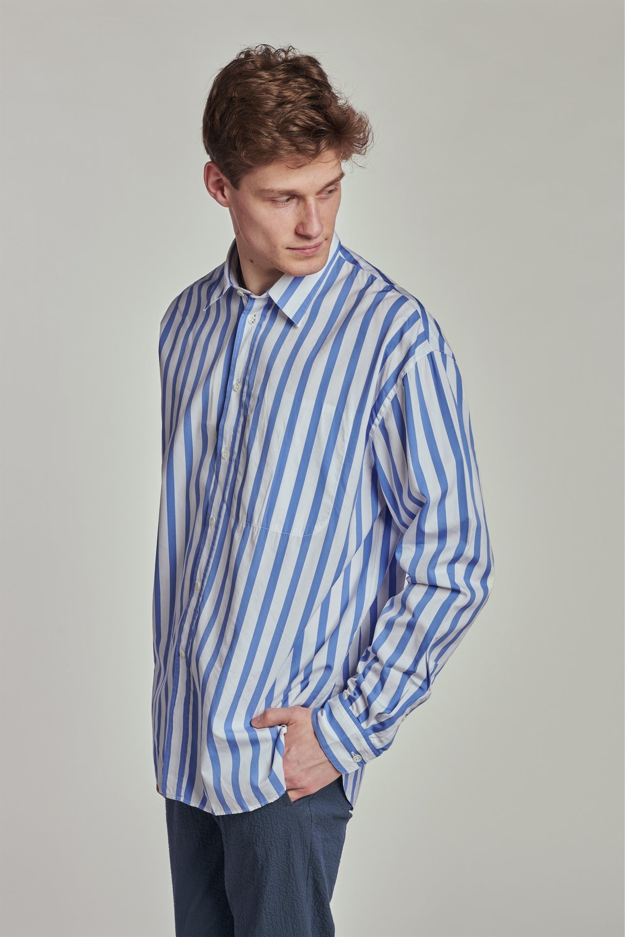 Oversized Rider Shirt in a Blue Striped Italian Cotton and Cupro