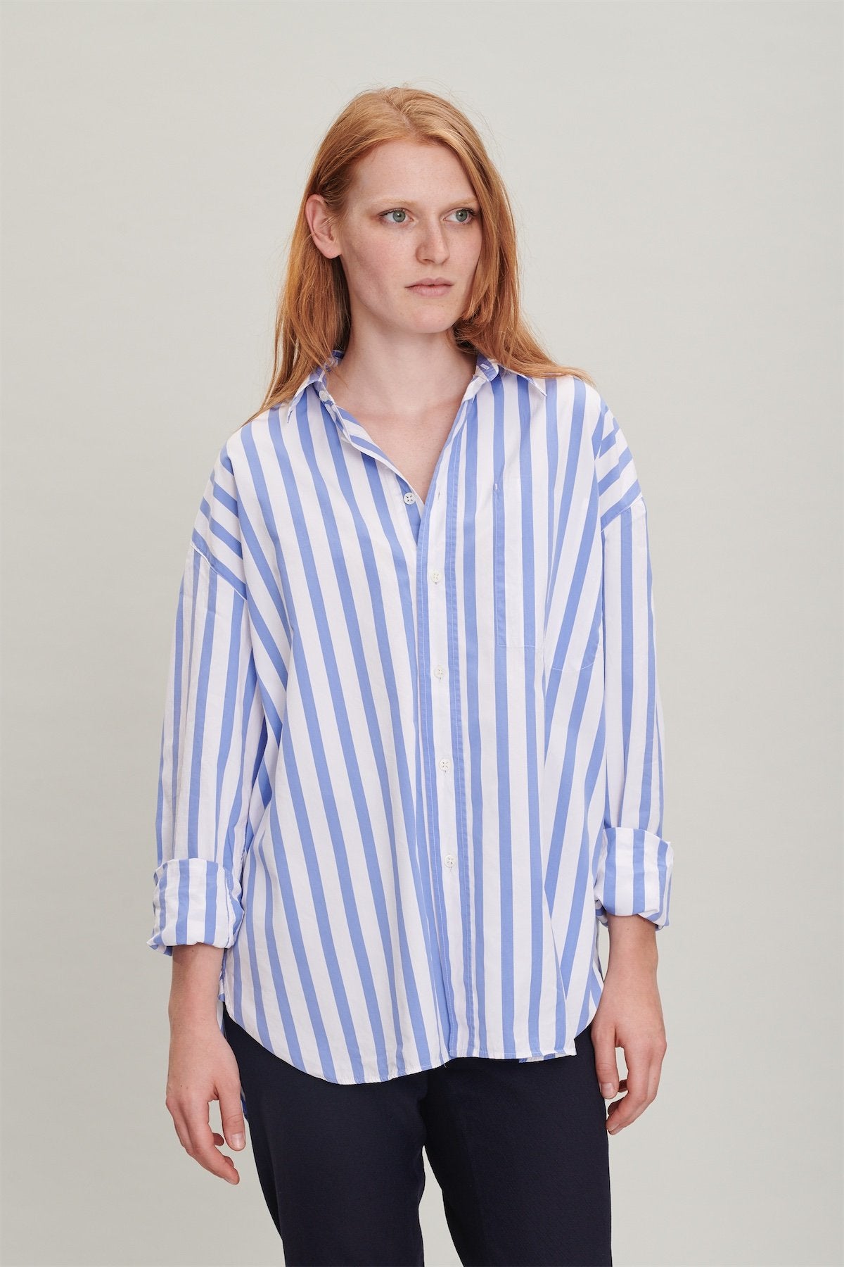Oversized Delta Shirt in a Blue Striped Italian Cotton and Cupro