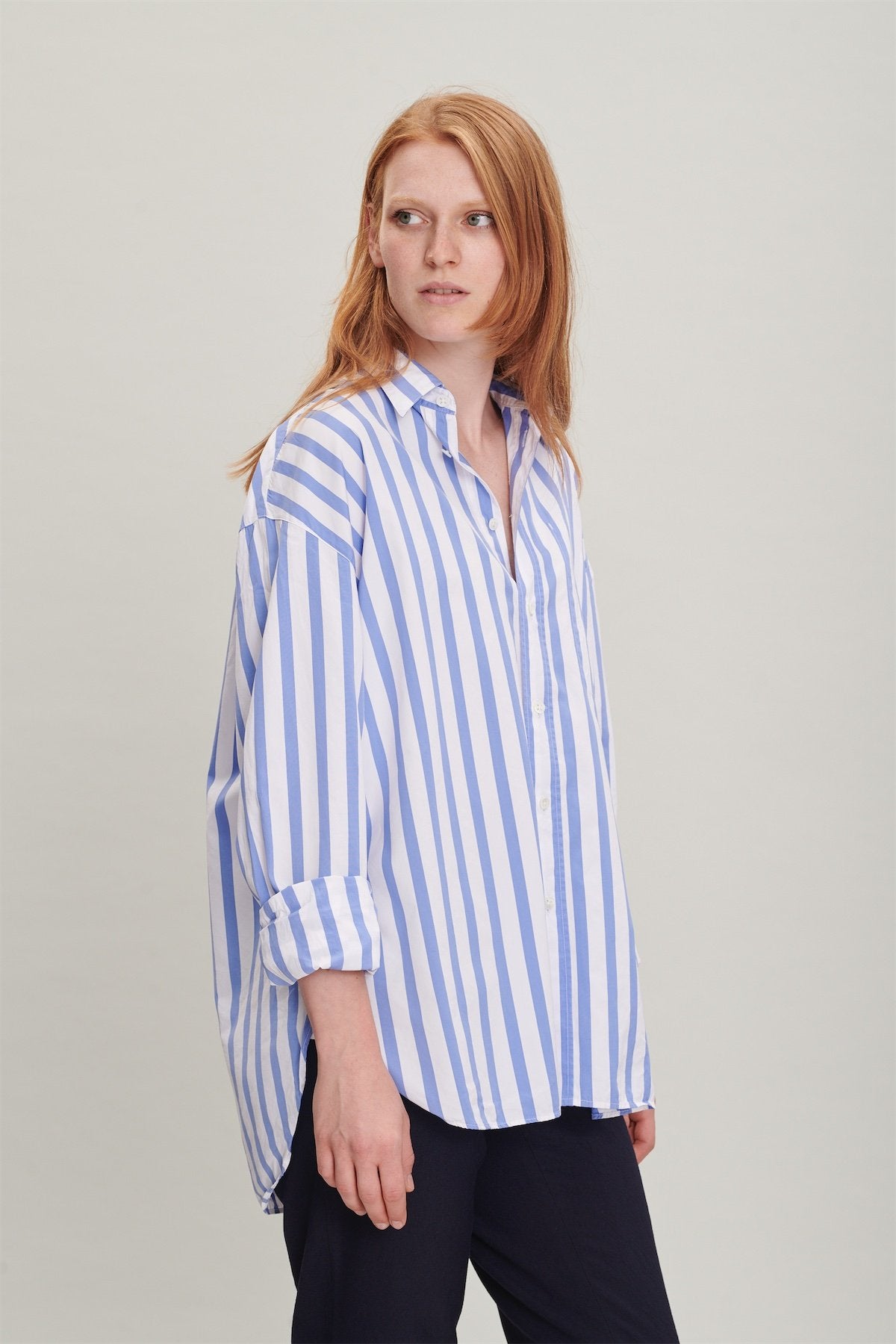 Oversized Rider Shirt in a Blue Striped Italian Cotton and Cupro