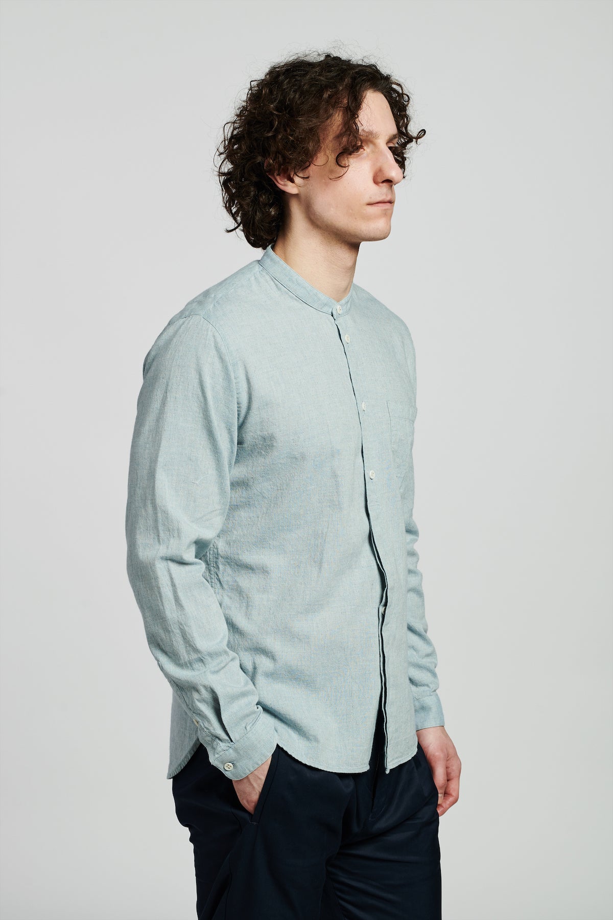 Zen Shirt in a Grey Blue Japanese Organic Cotton and Linen