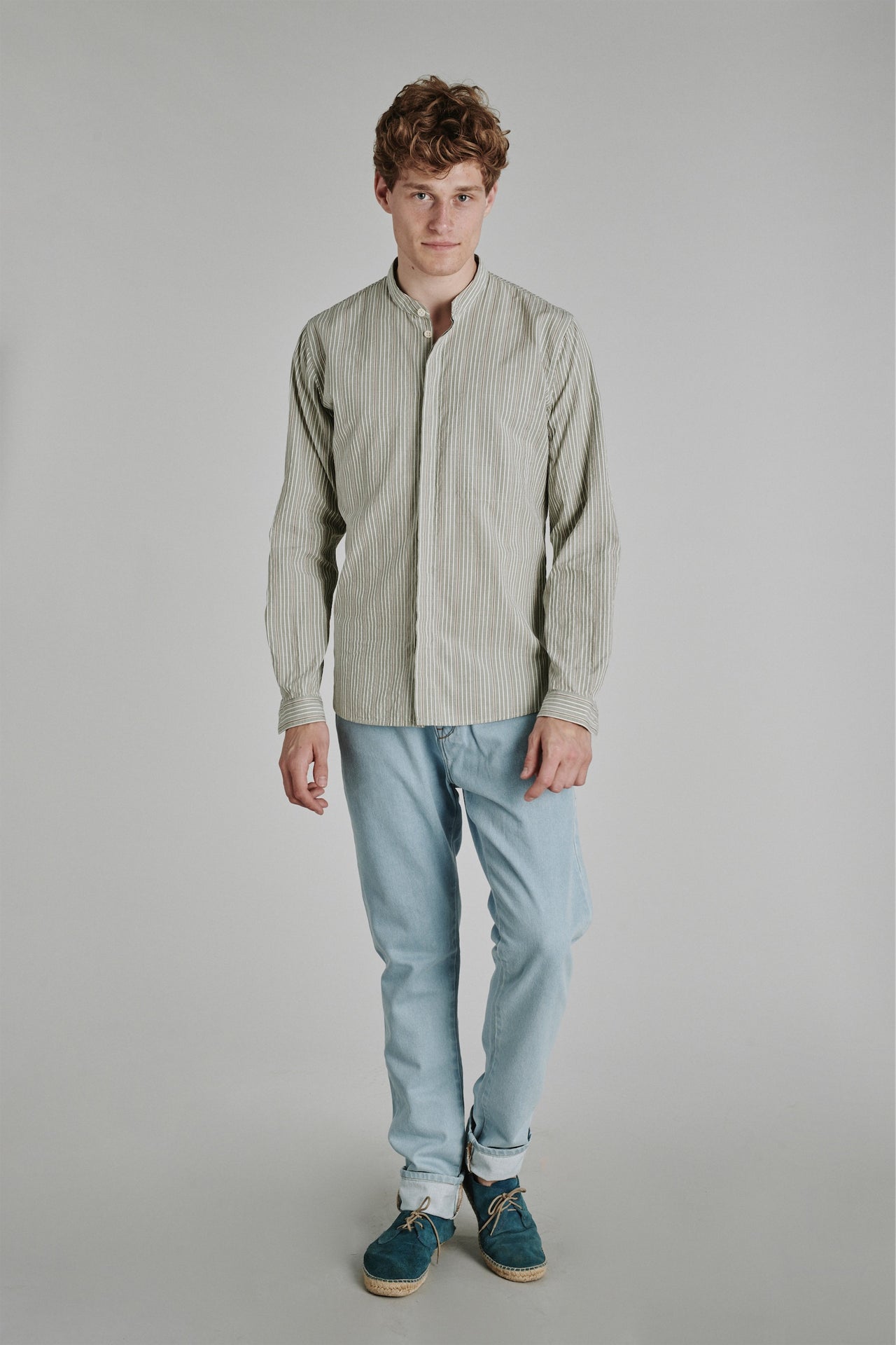 Zen Grandad Collar Shirt in a Vintage Green and Creamy Striped Italian Cotton