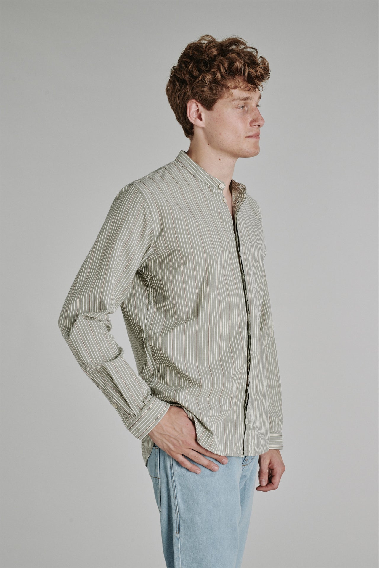 Zen Grandad Collar Shirt in a Vintage Green and Creamy Striped Italian Cotton