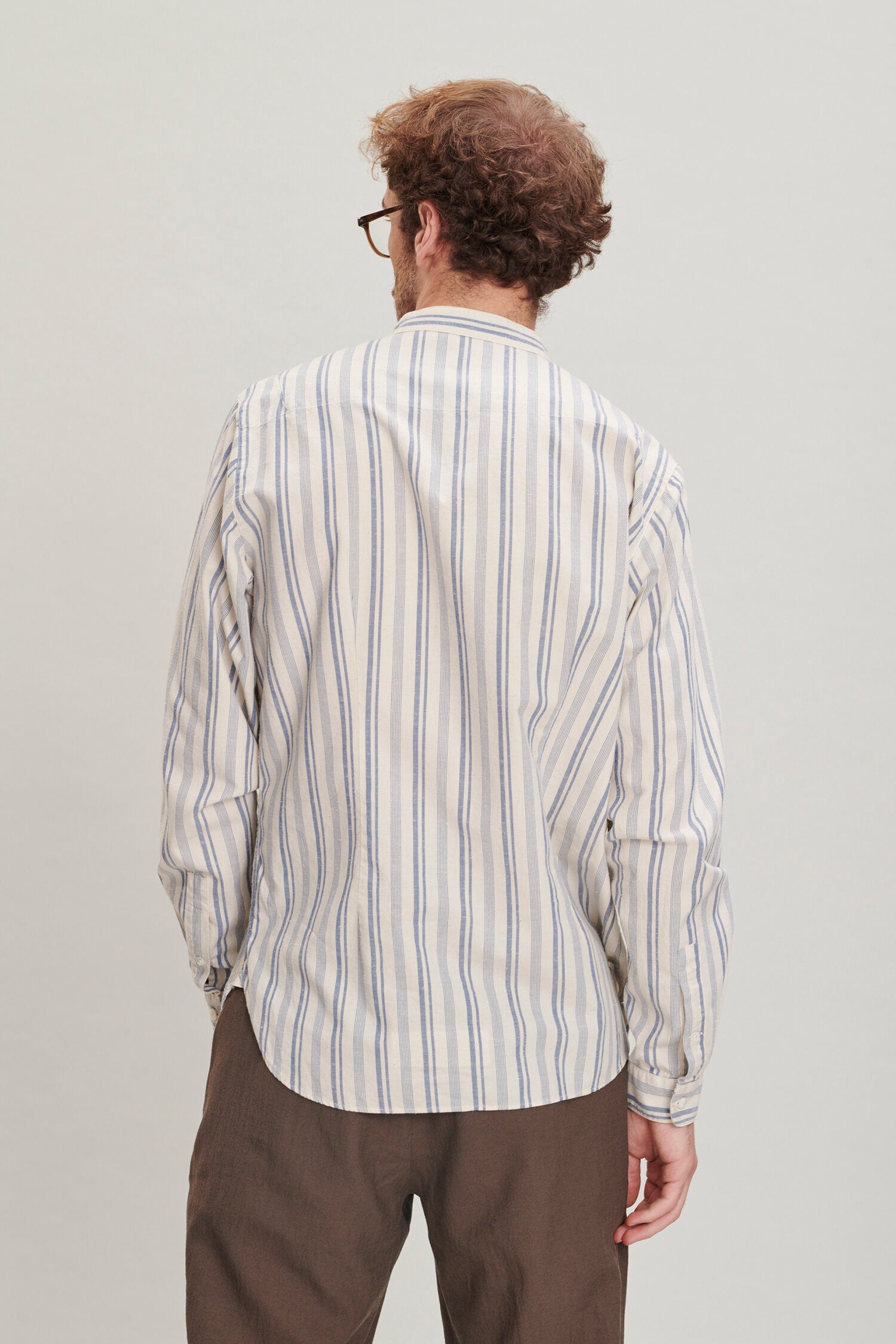 Zen Grandad Collar Shirt in a Retro Blue and Cream White Striped Soft Italian Cotton