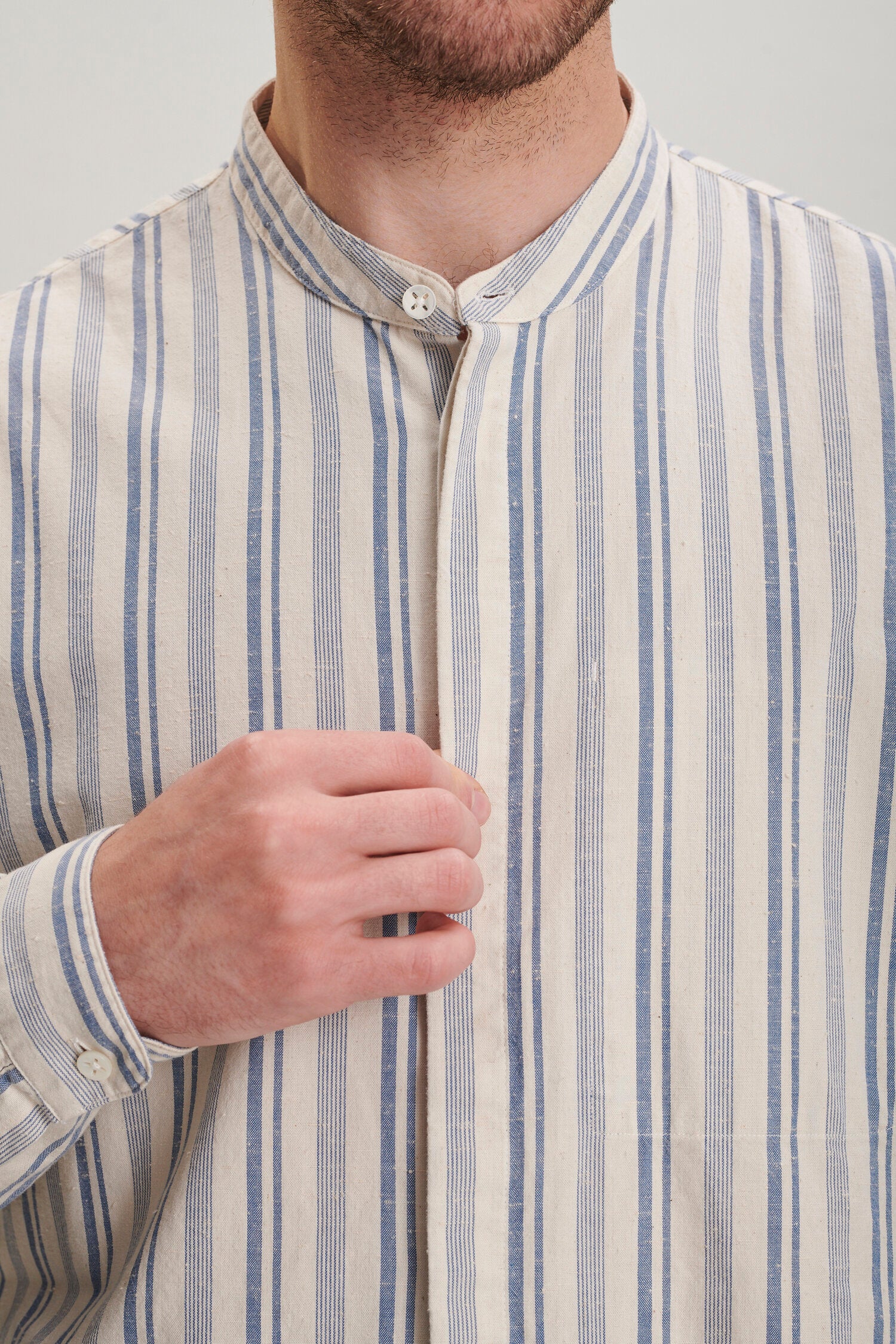 Zen Grandad Collar Shirt in a Retro Blue and Cream White Striped Soft Italian Cotton