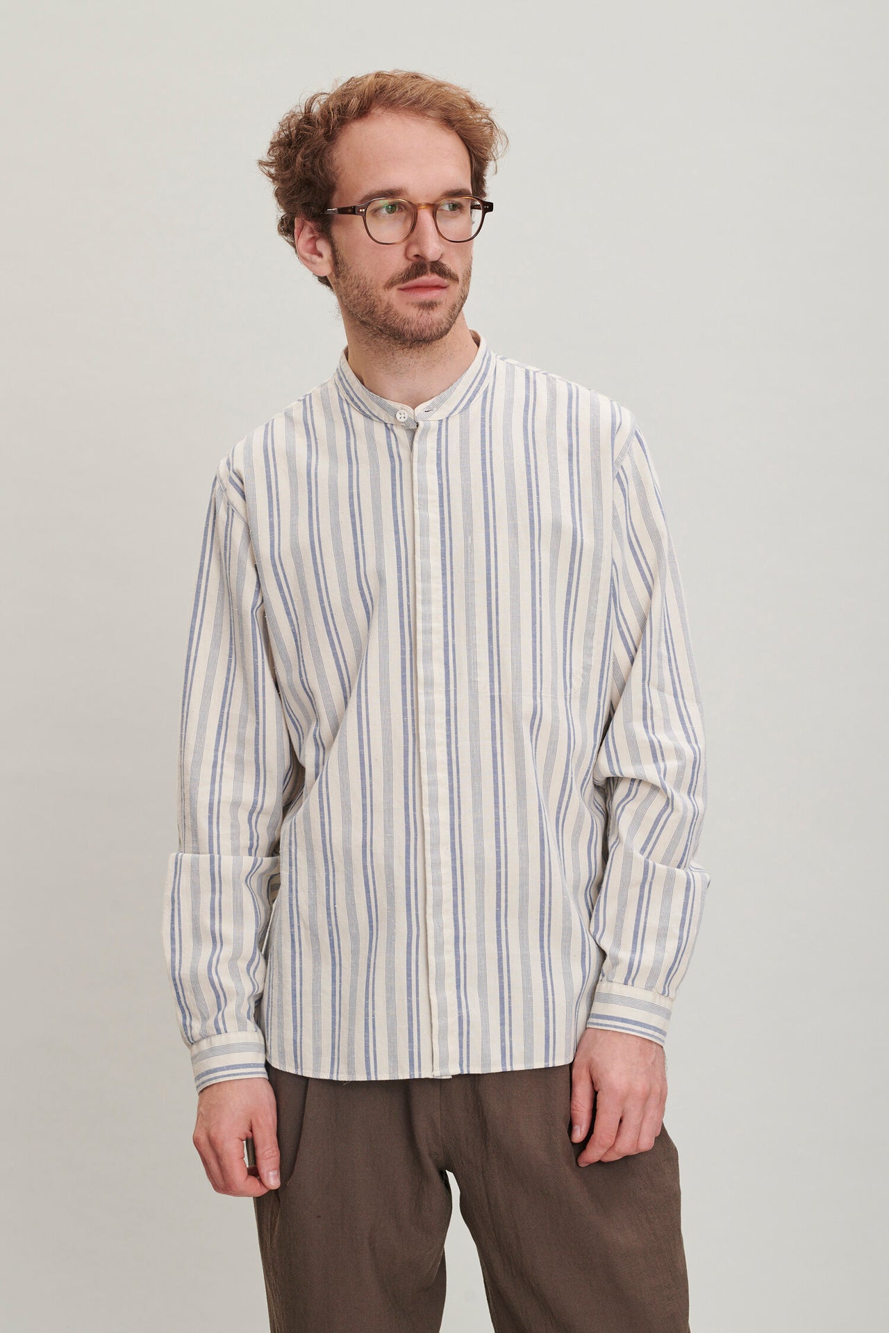 Zen Grandad Collar Shirt in a Retro Blue and Cream White Striped Soft Italian Cotton