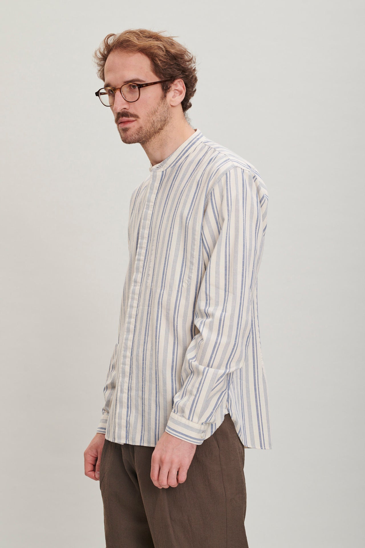 Zen Grandad Collar Shirt in a Retro Blue and Cream White Striped Soft Italian Cotton