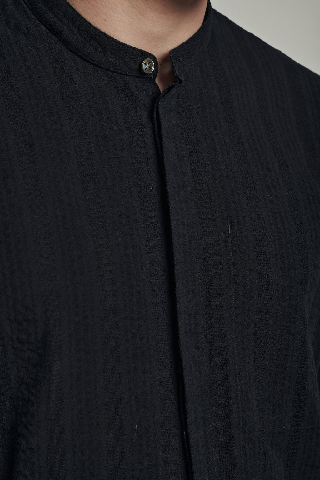 Zen Grandad Collar Shirt in a Black Portuguese Seersucker