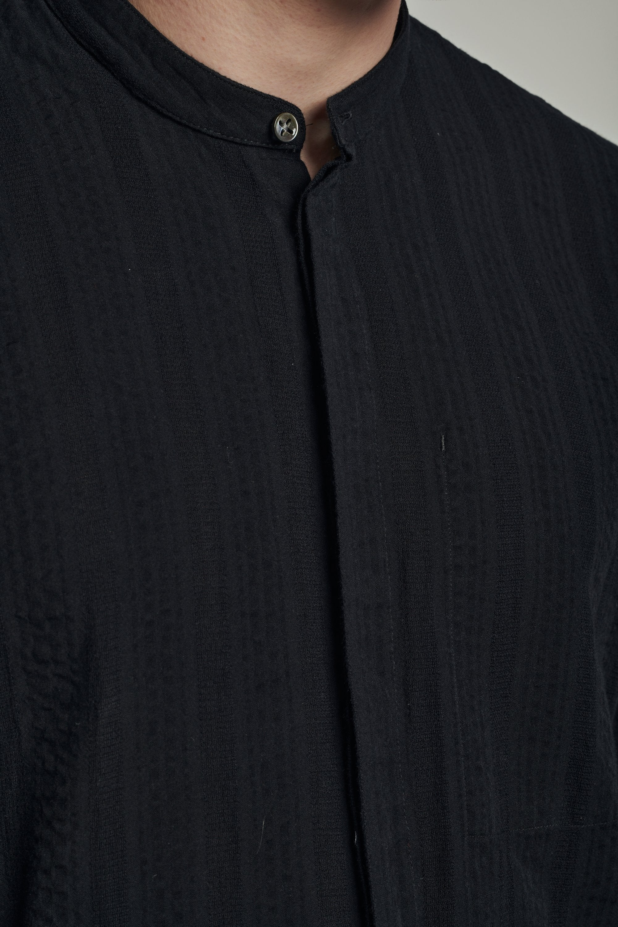 Zen Grandad Collar Shirt in a Black Portuguese Seersucker