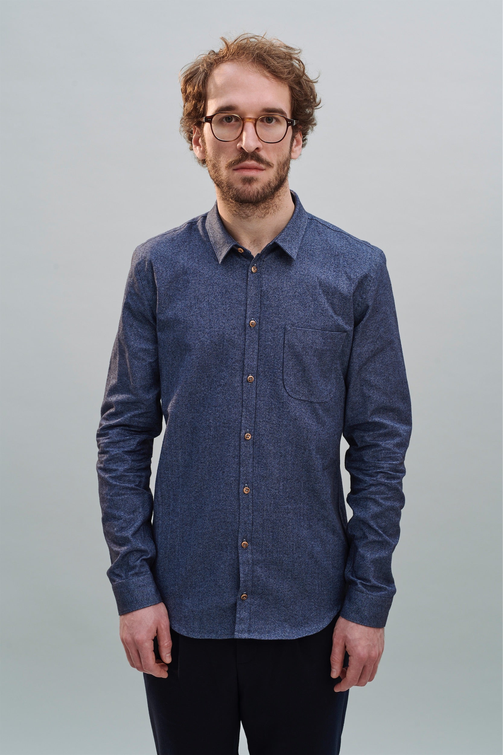 Proper Shirt in a Navy Blue Italian Brushed Soft Cotton Flannel with Wooden Buttons