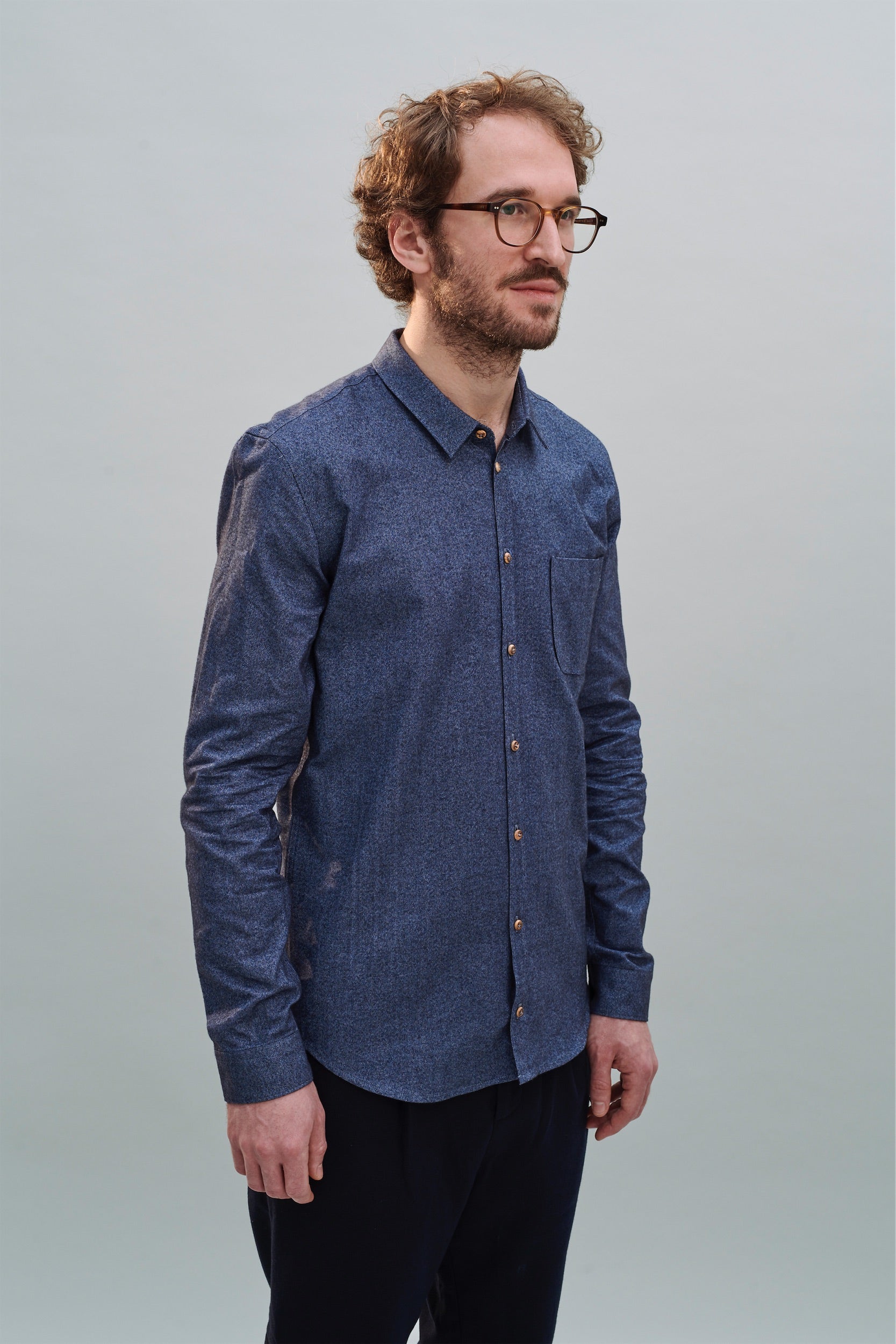 Proper Shirt in a Navy Blue Italian Brushed Soft Cotton Flannel with Wooden Buttons