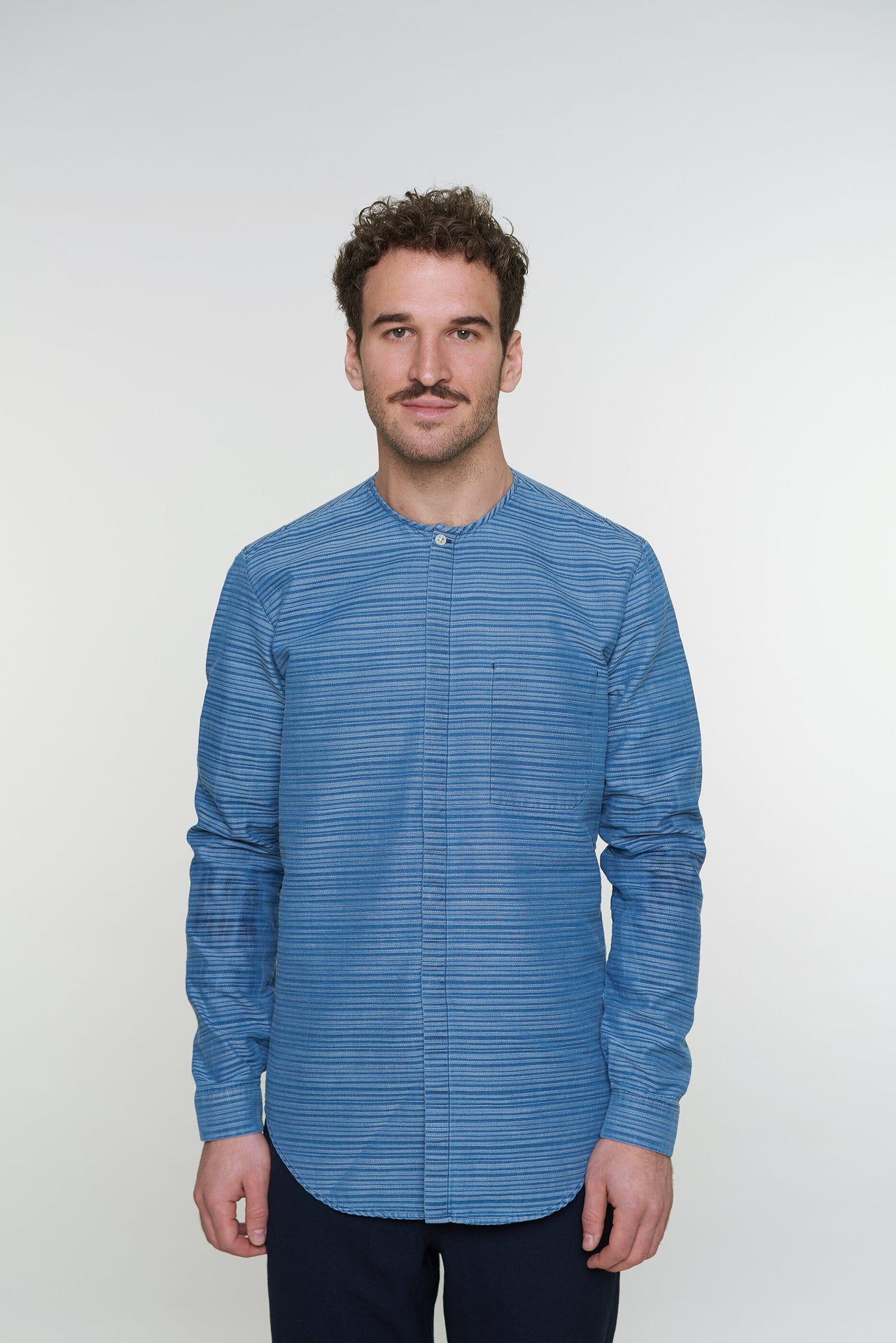 Harmony Colarless Shirt in a Blue Indigo Horizontal Stripe Italian Cotton Denim