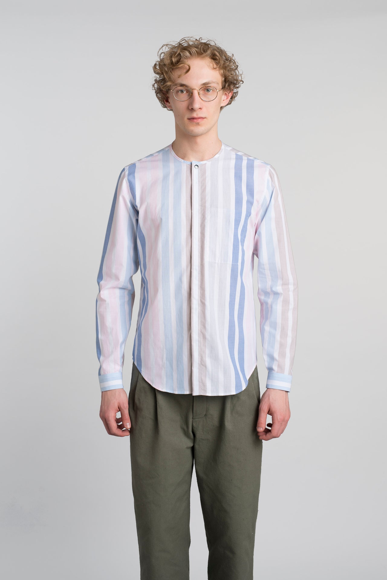 Harmony Colarless Shirt in the Finest Blue, Pink and White Striped Italian Woven Cotton