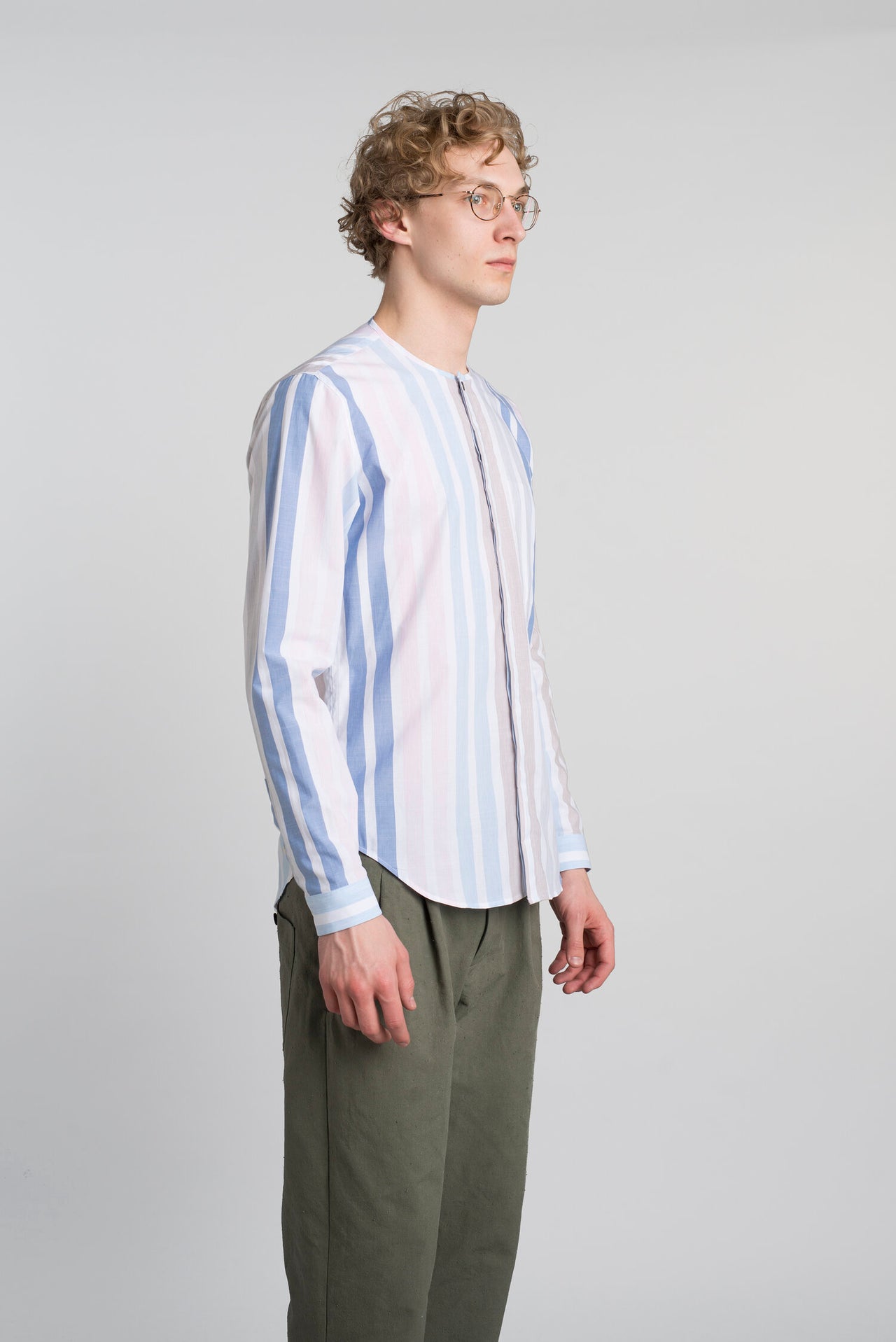 Harmony Colarless Shirt in the Finest Blue, Pink and White Striped Italian Woven Cotton