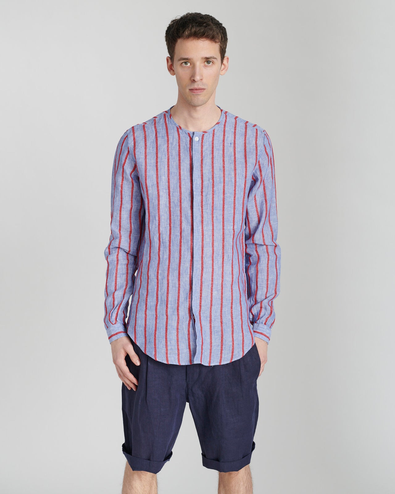 Harmony Colarless Shirt in a Fine Italian Blue and Red Striped Linen