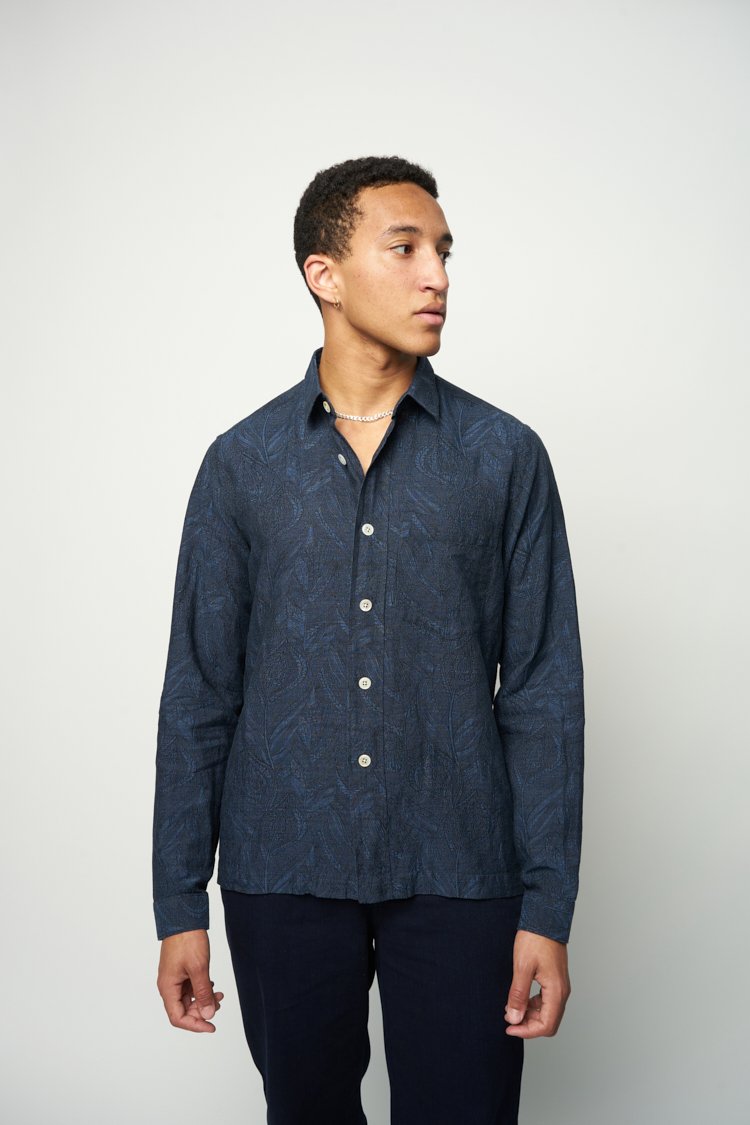 Relaxed Shirt in a Navy Blue Jacquard by Historical mill Leggiuno