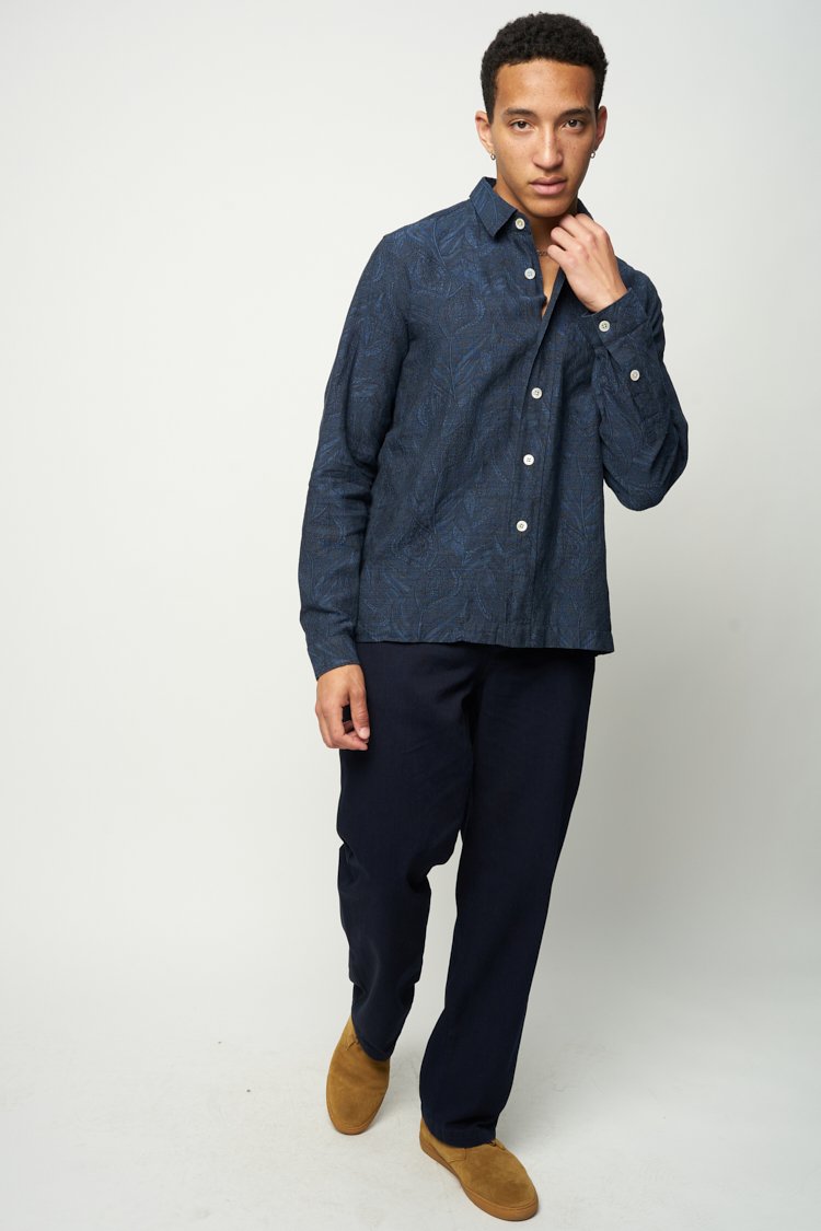 Relaxed Shirt in a Navy Blue Jacquard by Historical mill Leggiuno