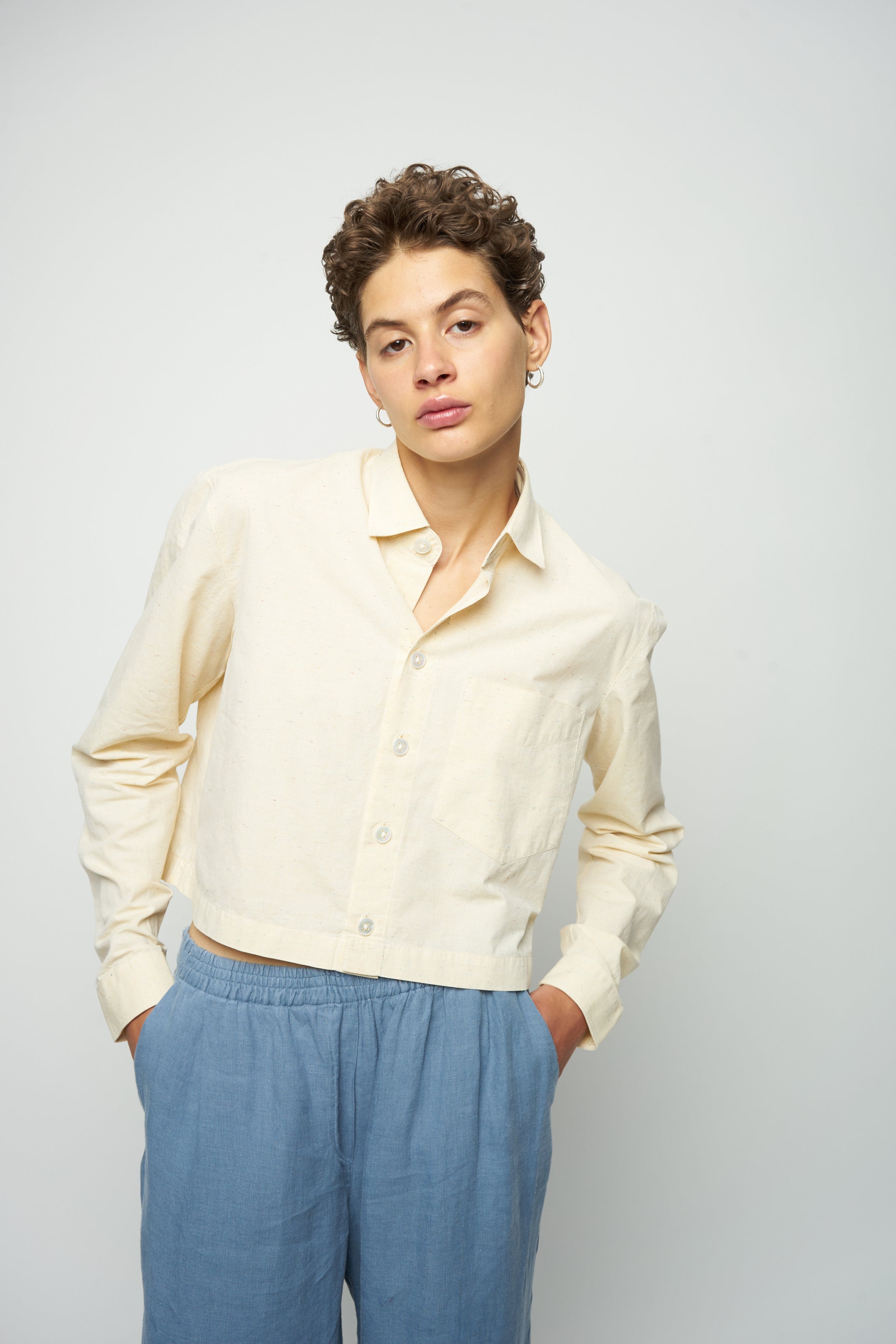 Relaxed Cropped Shirt in a Creamy Yellow White Soft Italian Cotton