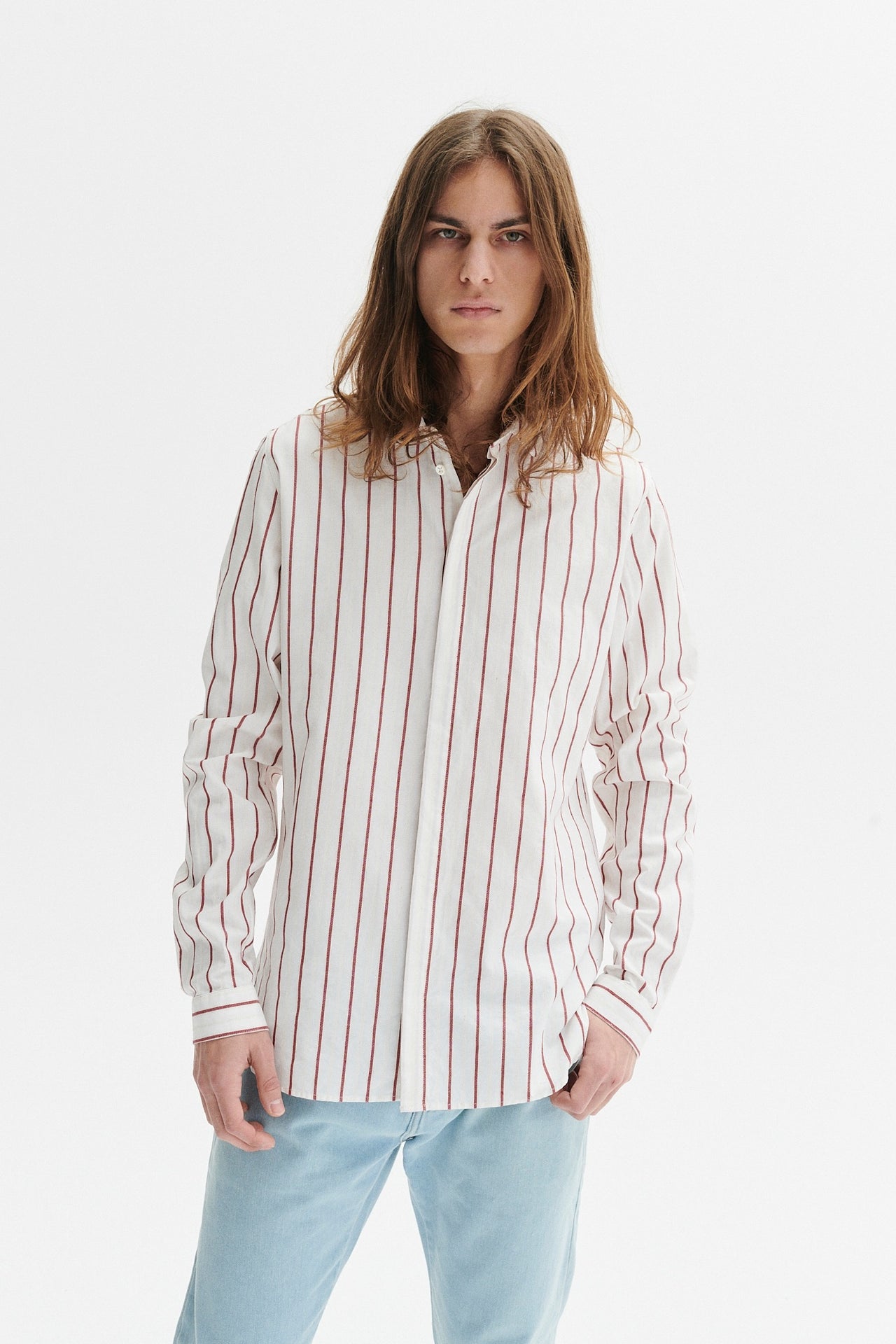Cute Round Collar Shirt in a White and Wine Red Striped Italian Organic Cotton