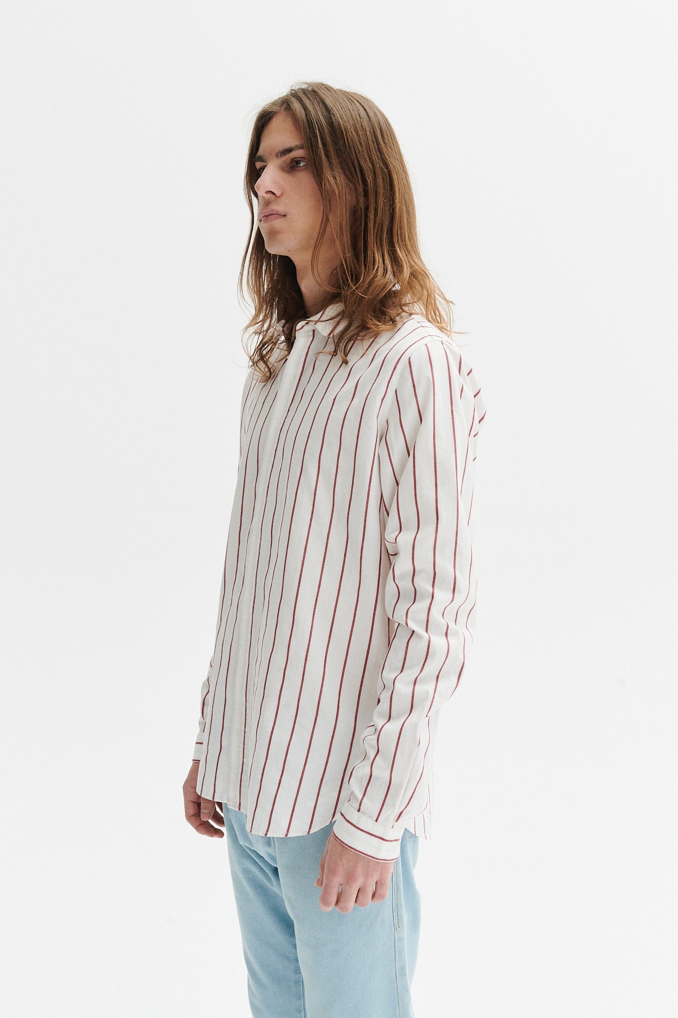 Cute Round Collar Shirt in a White and Wine Red Striped Italian Organic Cotton